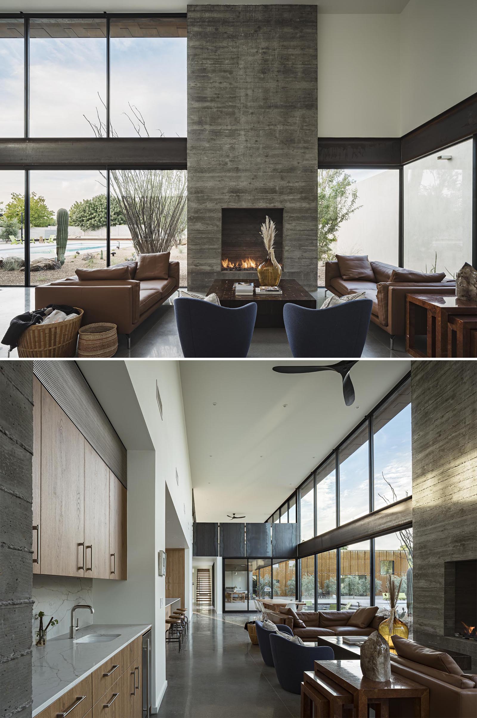 This modern living room has a board-formed concrete fireplace hat draws your eye up to the high ceiling.