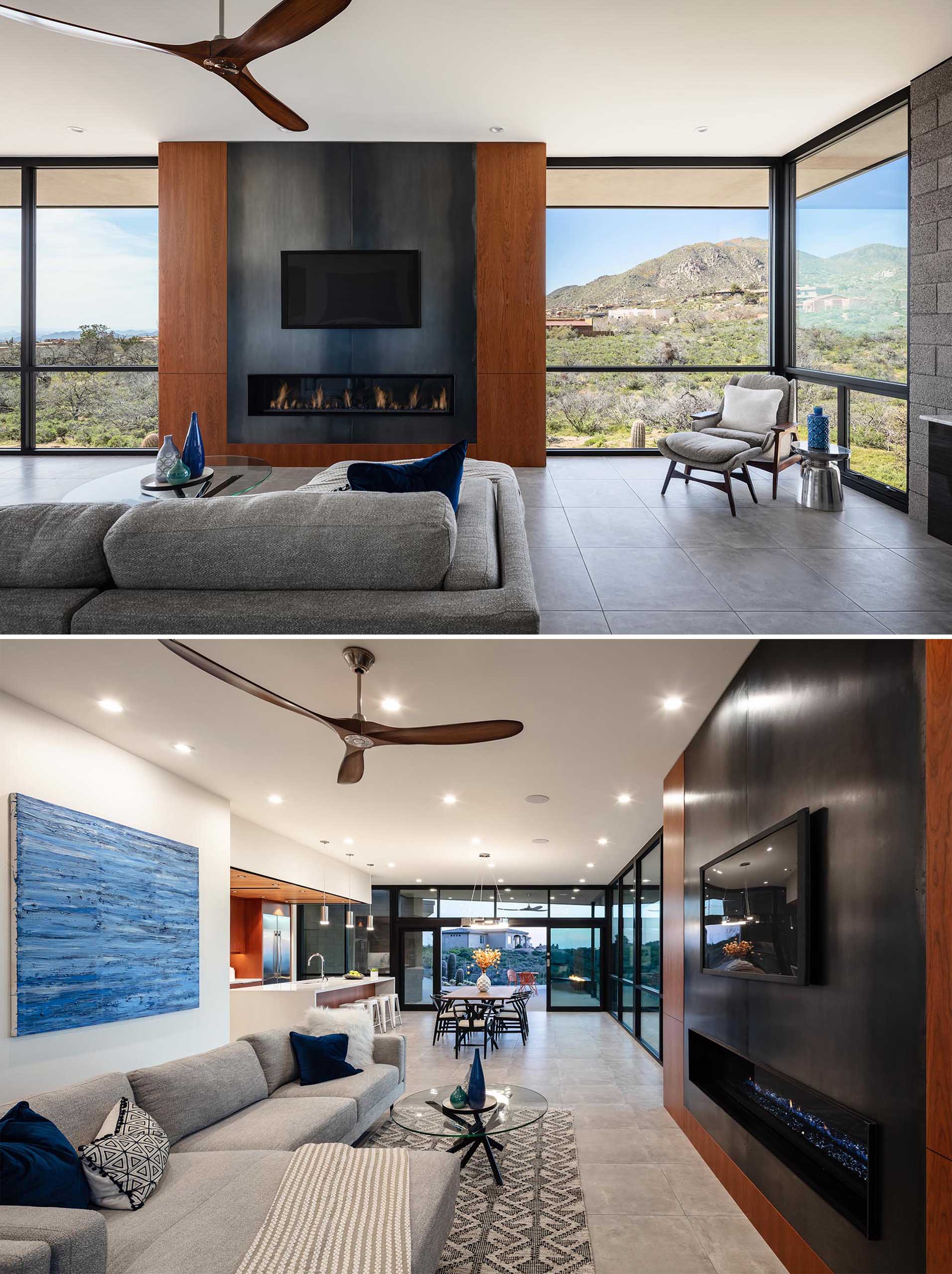 In this modern living room, there's a main fireplace and entertainment wall that showcases cherry veneer custom cabinets and oxidized steel fireplace panels.