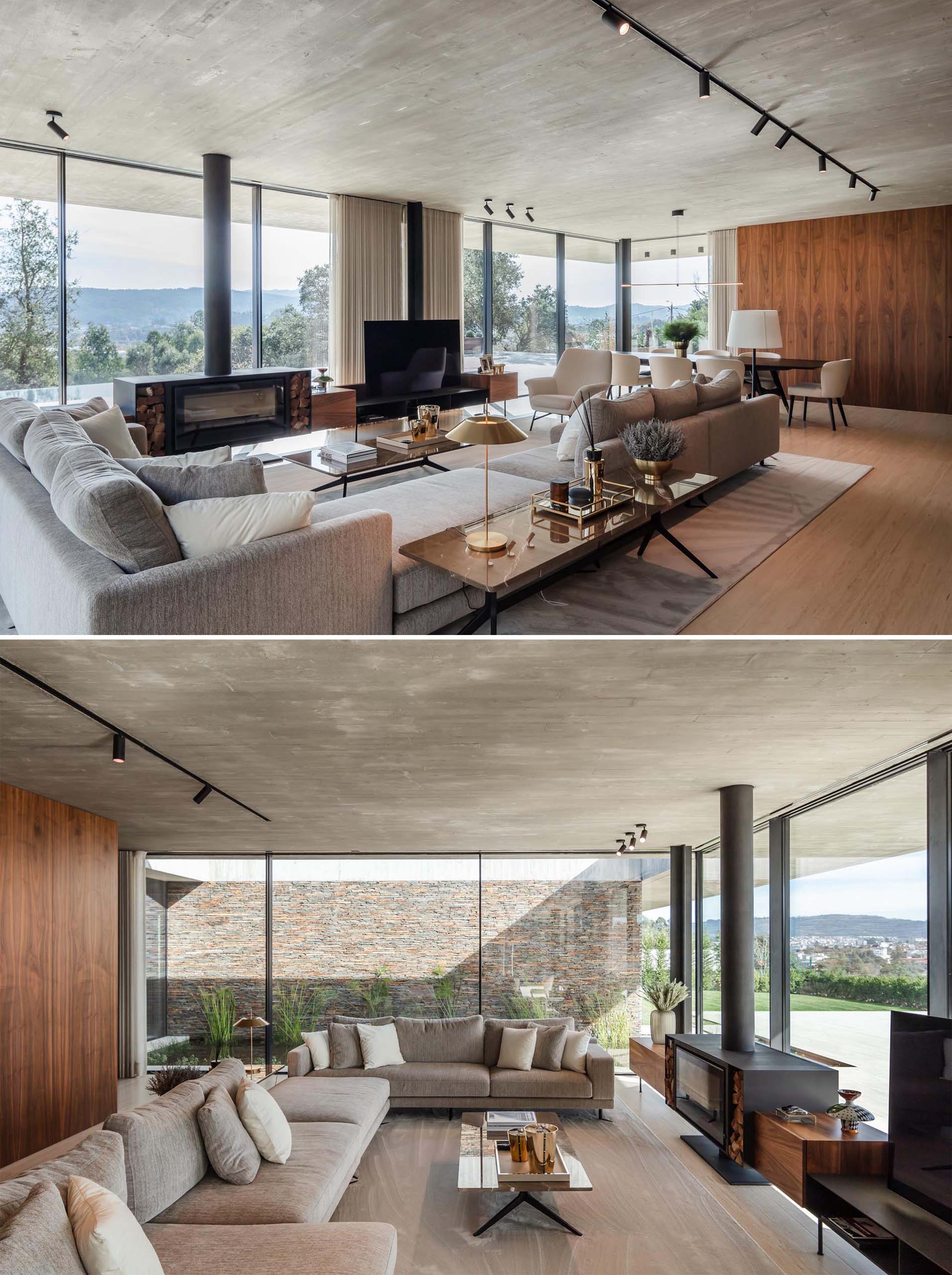 In this modern living room, there's a custom designed fireplace and television stand, that includes firewood storage and shelving underneath the TV.