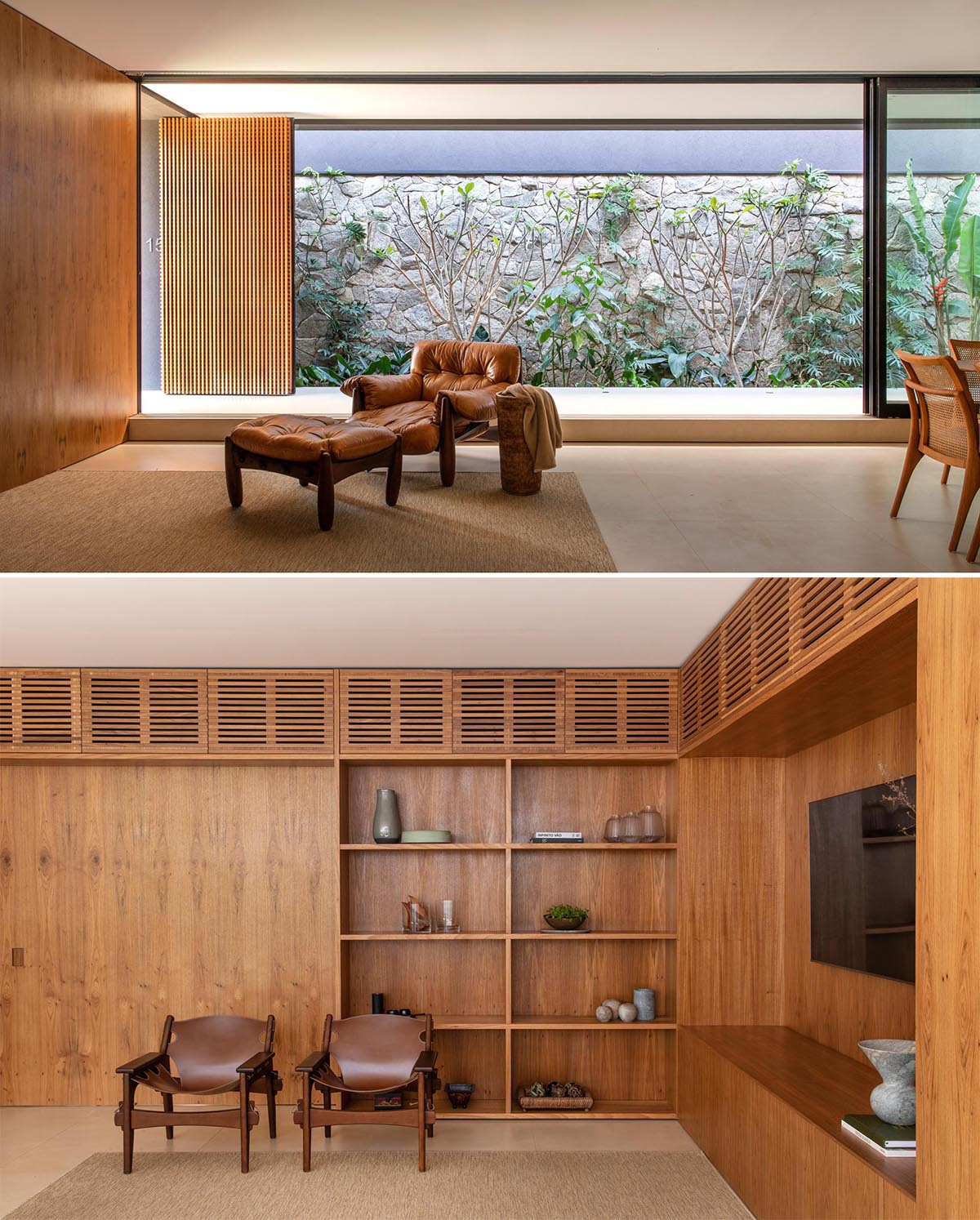 A modern living room with wood walls and built-in shelving.