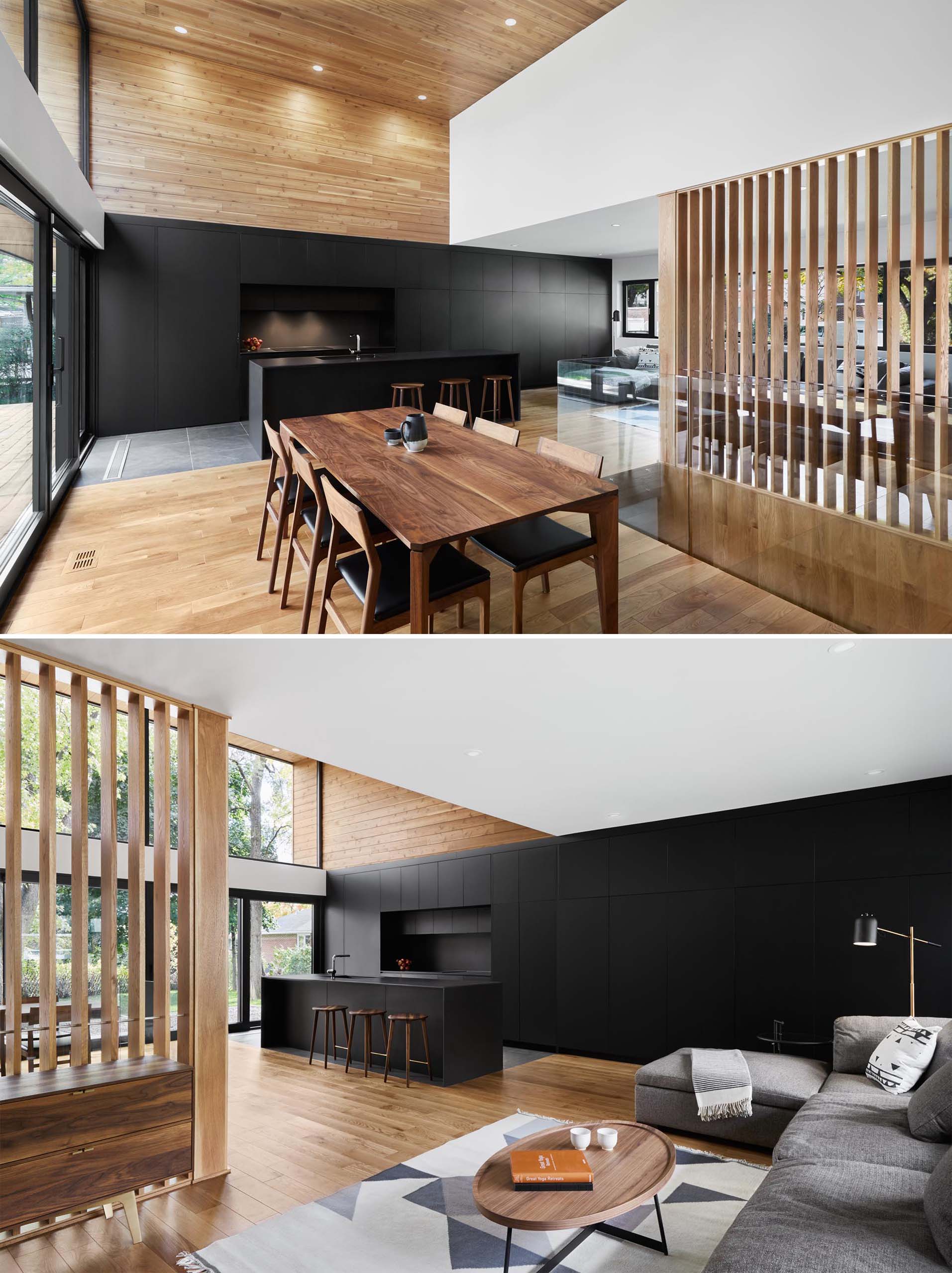 The minimalist hardware free cabinets in this modern matte black kitchen, have integrated appliances, creating the seamless look that was desired.