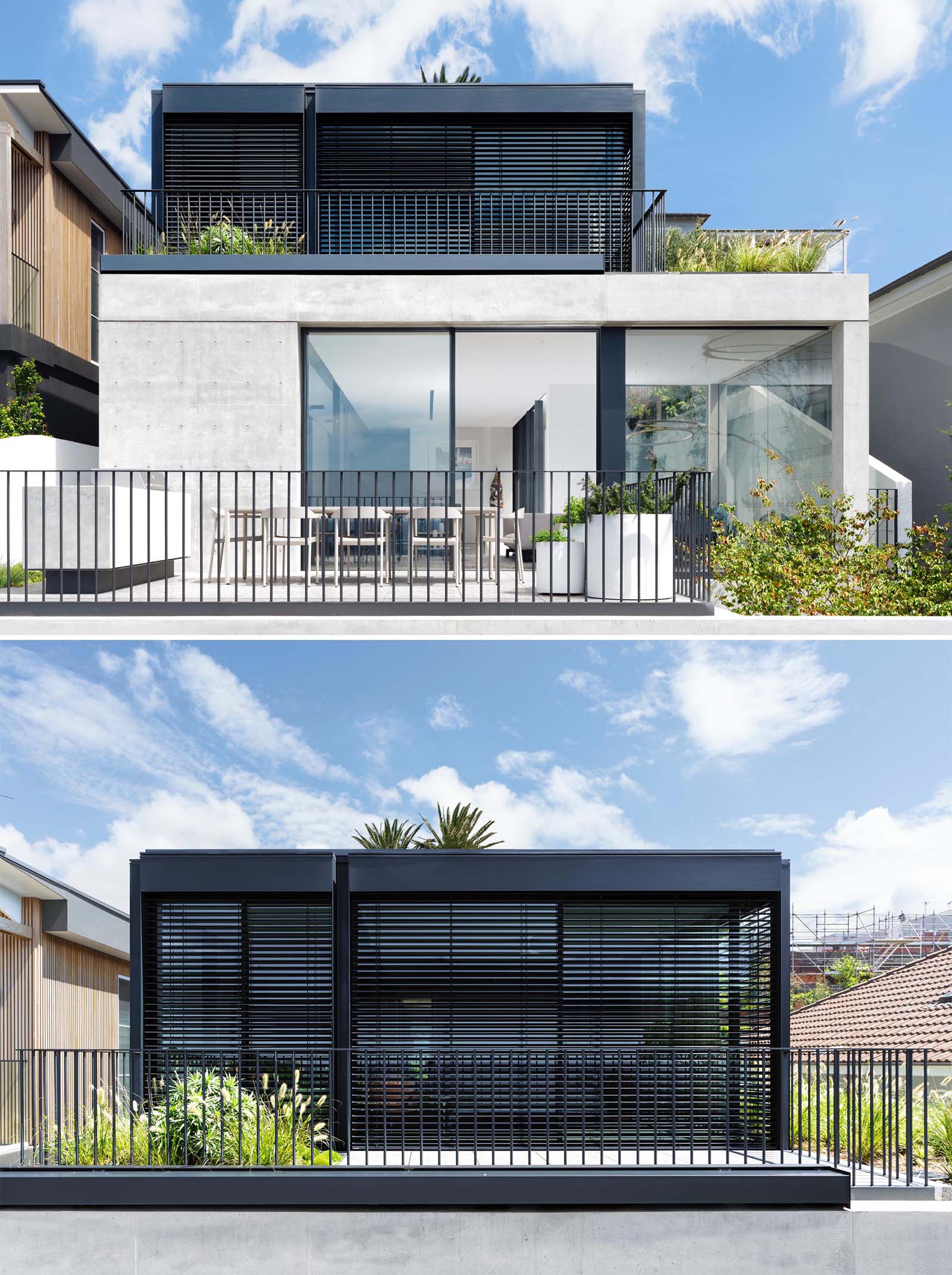 This Australian home is designed with a series of terraced floors that climb the steep block from the street.