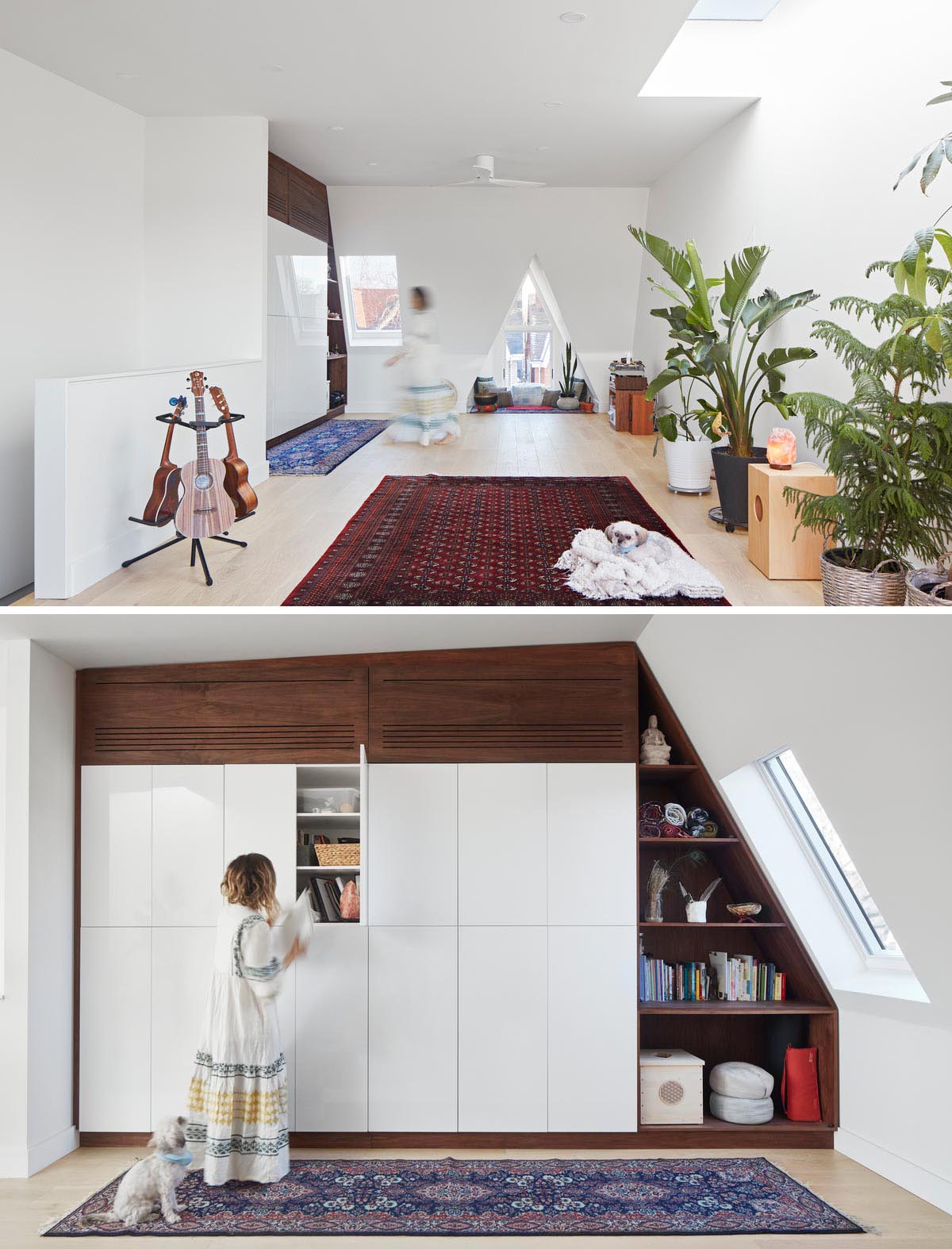 This open plan interior, which can be used an office or living space, includes a wall of custom designed shelving and cabinetry.