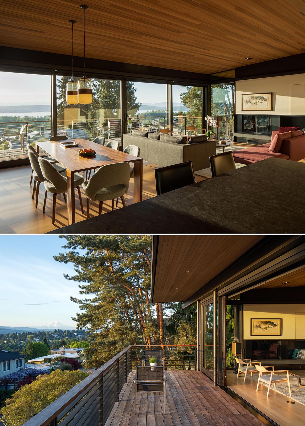 Sliding glass doors open the interior of this modern home to a balcony with expansive views.