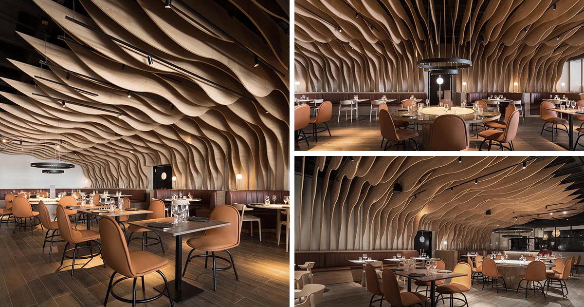 Sculptural Wood Fins Create An Eye-Catching Interior For This Restaurant