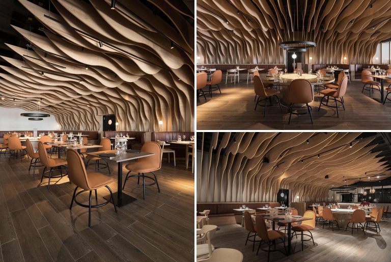 Sculptural Wood Fins Create An Eye-Catching Interior For This Restaurant