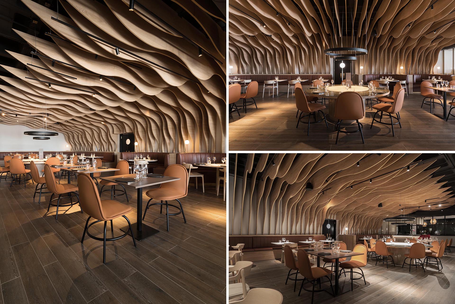 A modern restaurant with wood fins that cover the walls and ceiling.