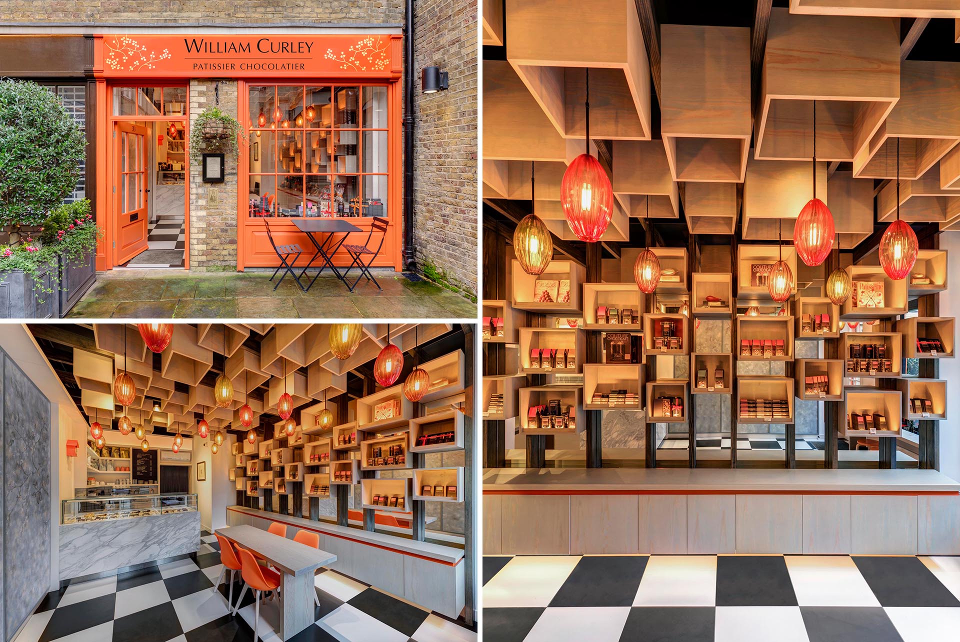A modern chocolate boutique with a vivid orange facade that draws inspiration from the lid of the boxes the chocolates are packaged in.