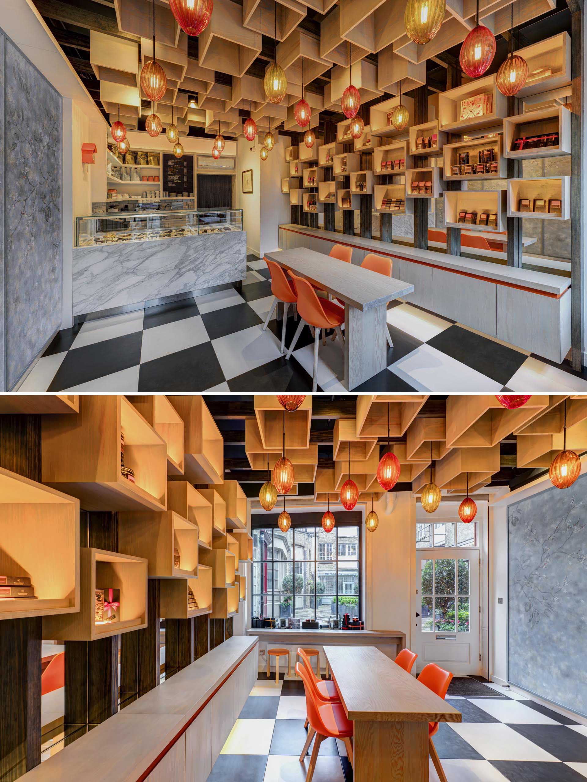 A modern retail store with wood boxes on the wall and ceiling.