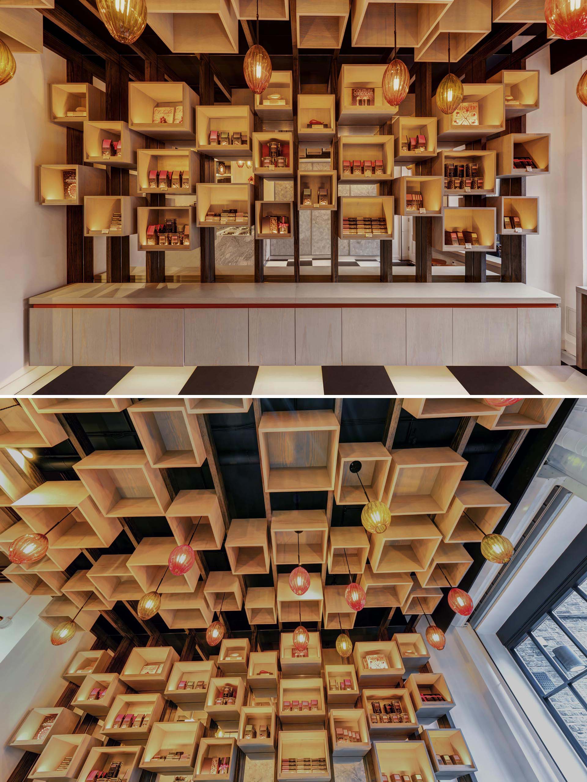A modern retail store with wood boxes on the wall and ceiling.