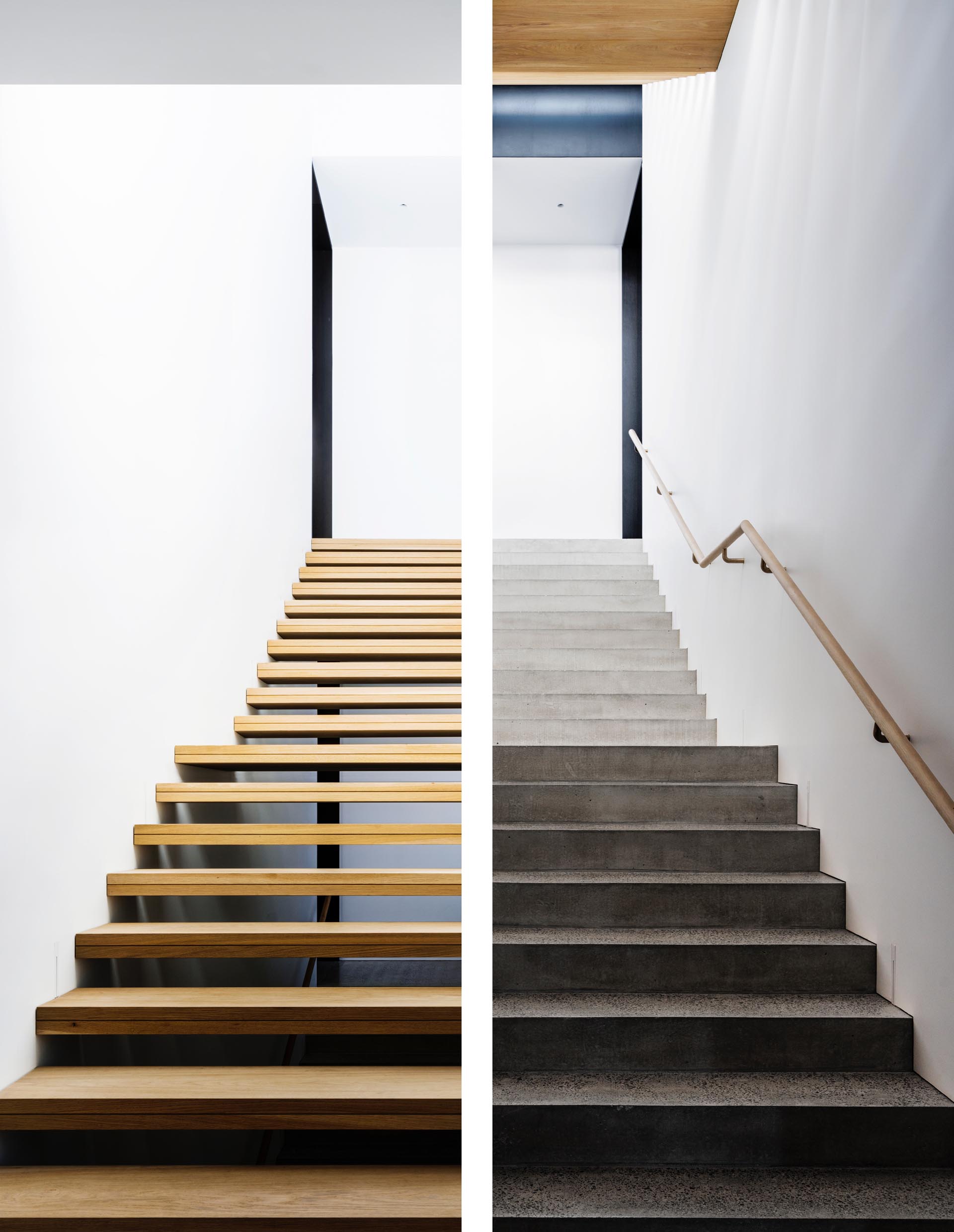 Two different styles of stairs, one wood and one concrete.