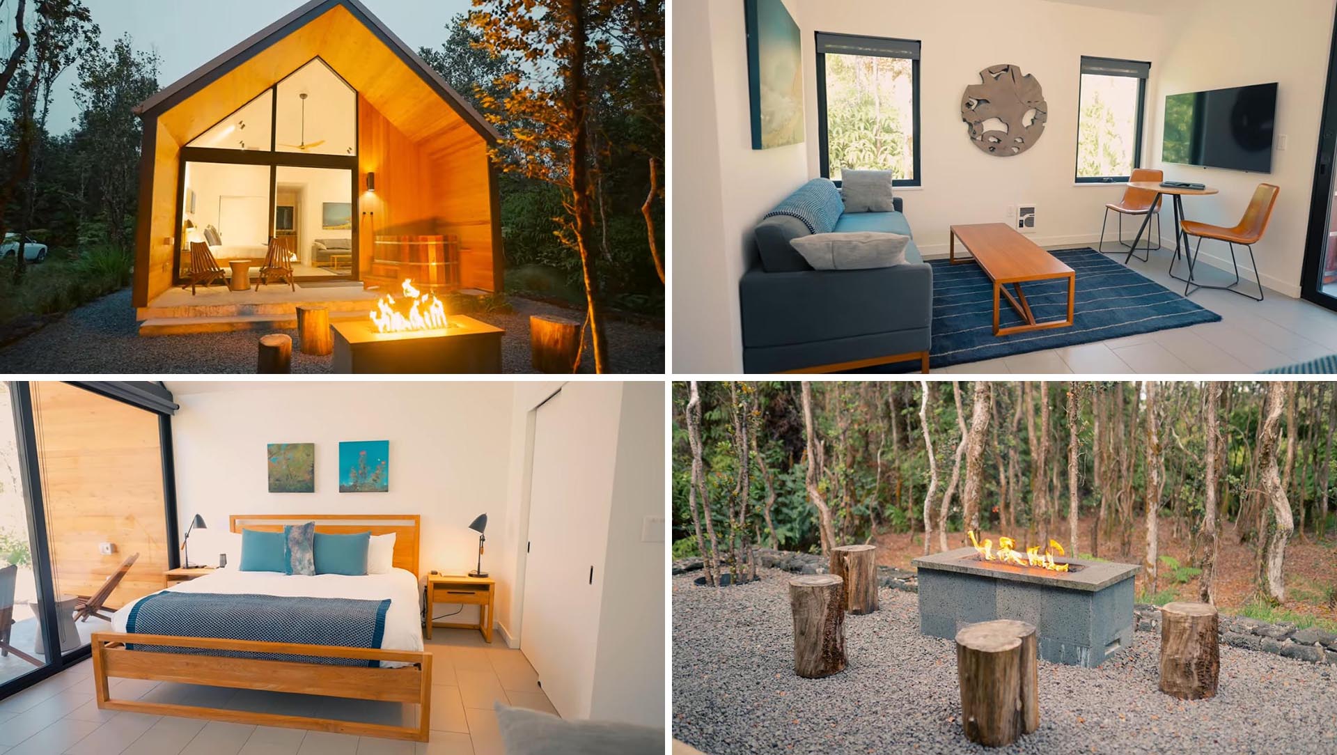 Eye-catching floor-to-ceiling 14 foot windows connecting the interior of this tiny home to the outdoors, while the warm wood exterior and architecture are inspired by modern design.