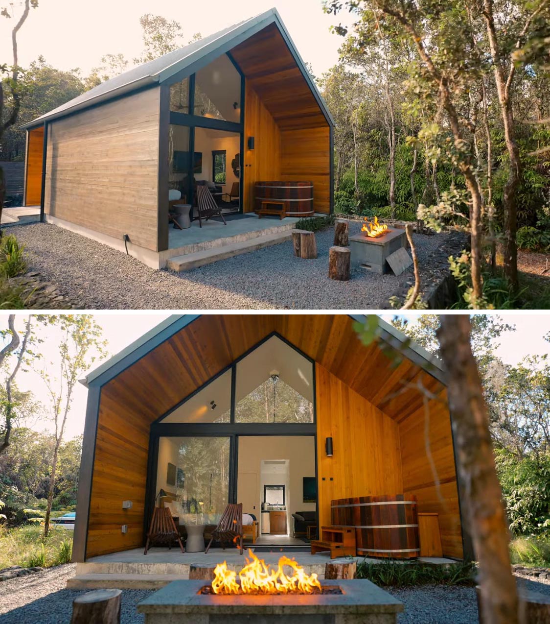 Eye-catching floor-to-ceiling 14 foot windows connecting the interior of this tiny home to the outdoors, while the warm wood exterior and architecture are inspired by modern design.