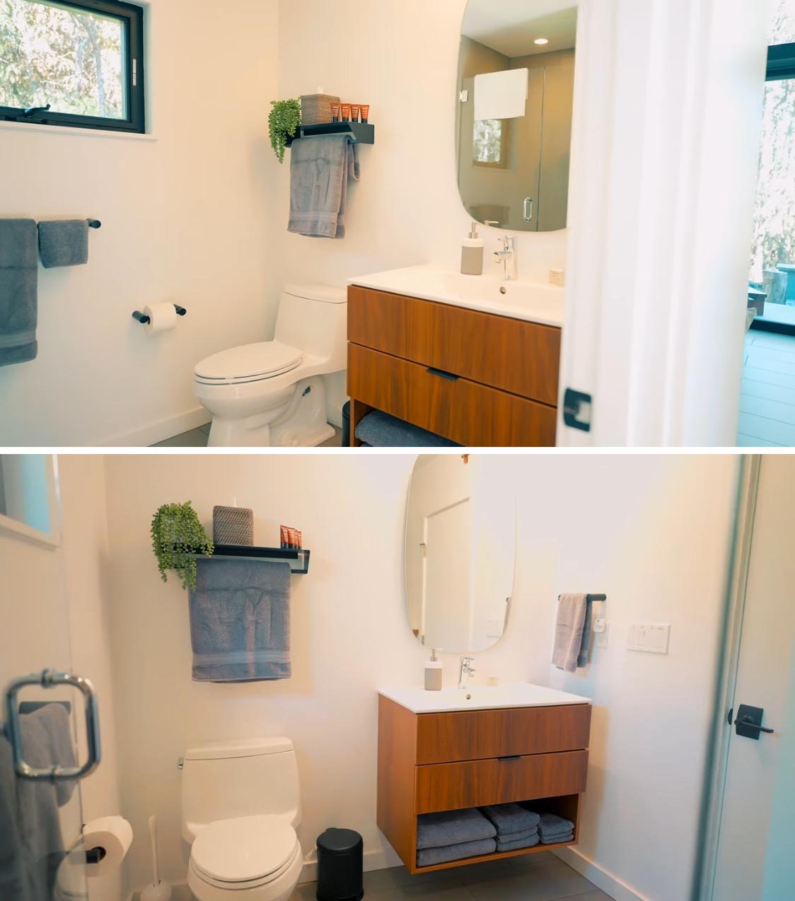 A tiny home bathroom with a wood vanity, a curved mirror, and a glass-enclosed shower.