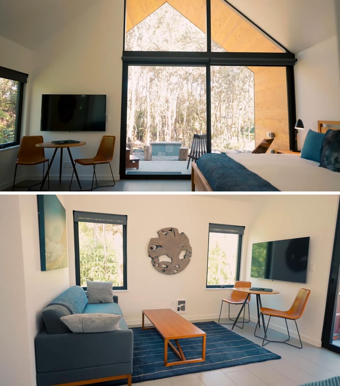 The main living area of a modern tiny home is shared with the bedroom, creating an open plan interior filled with natural light.