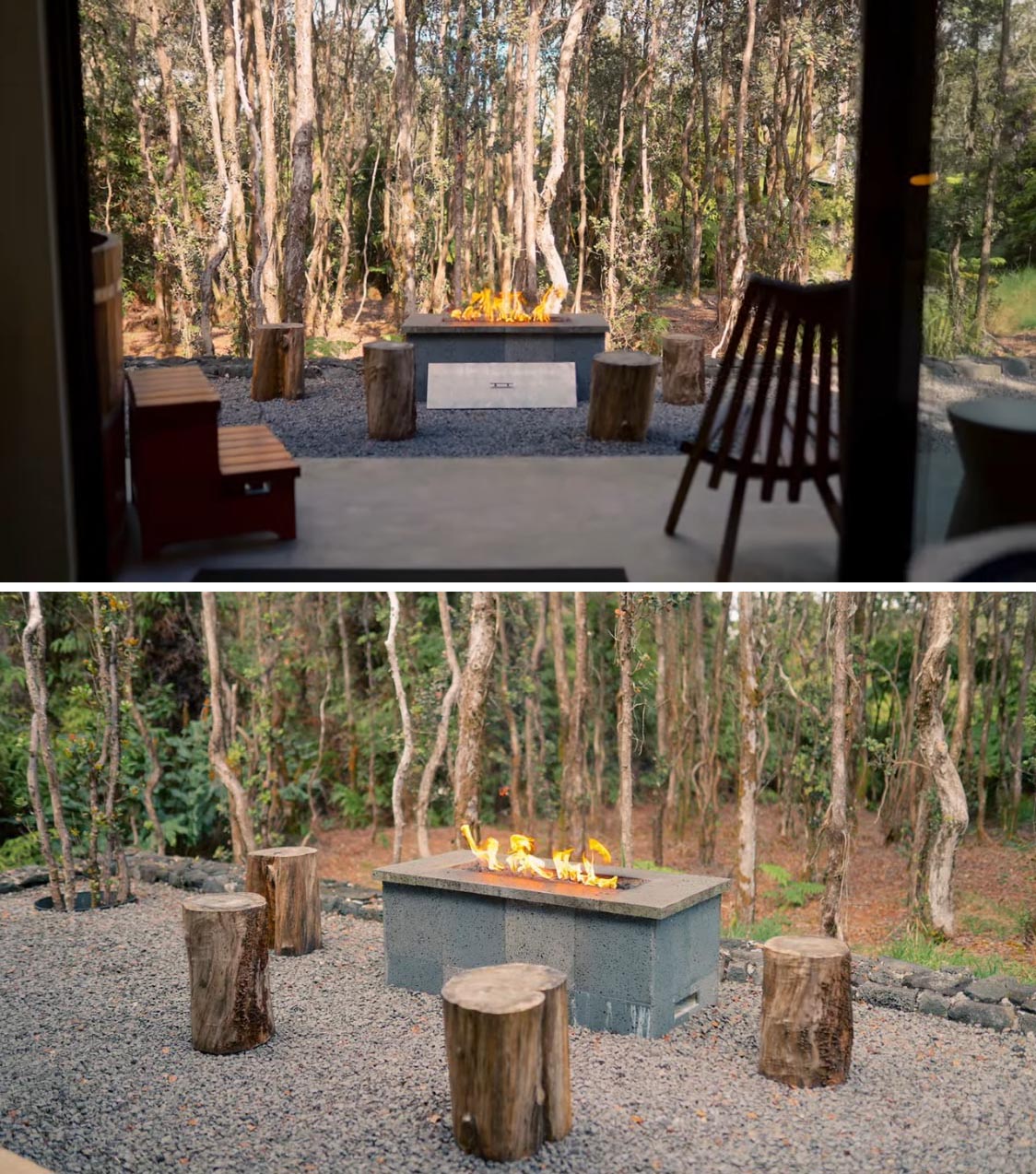 An outdoor fire pit surrounded by wood stools.