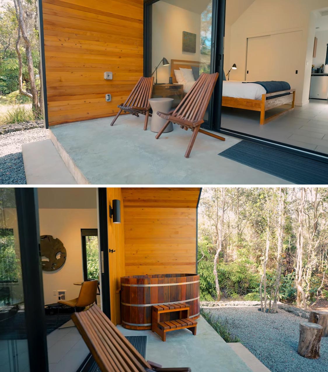 A modern tiny house with a private lanai that includes a hot tub and lounge chairs.