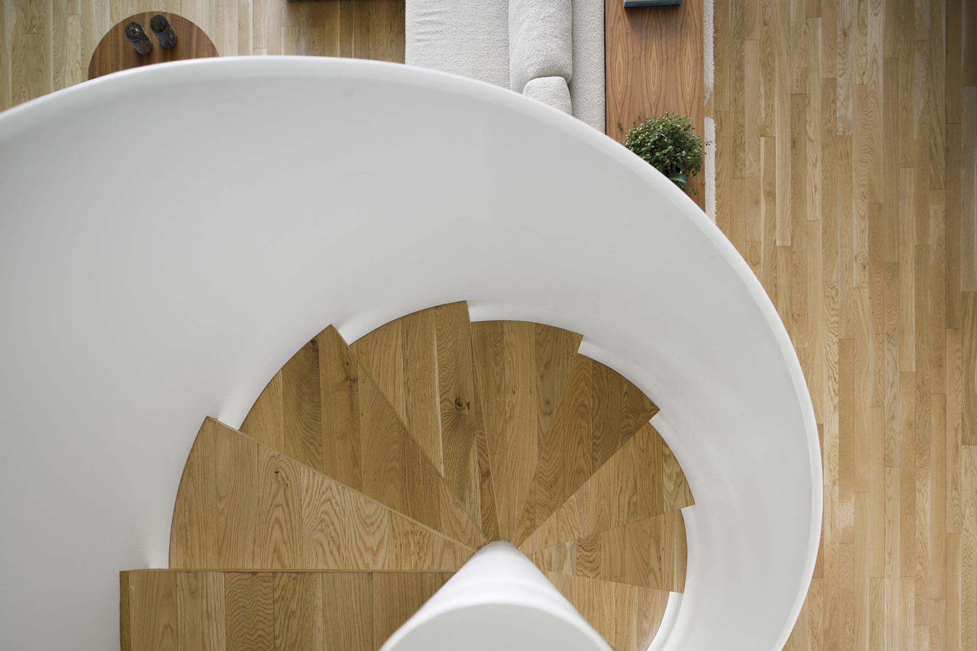 Modern white and wood spiral stairs.