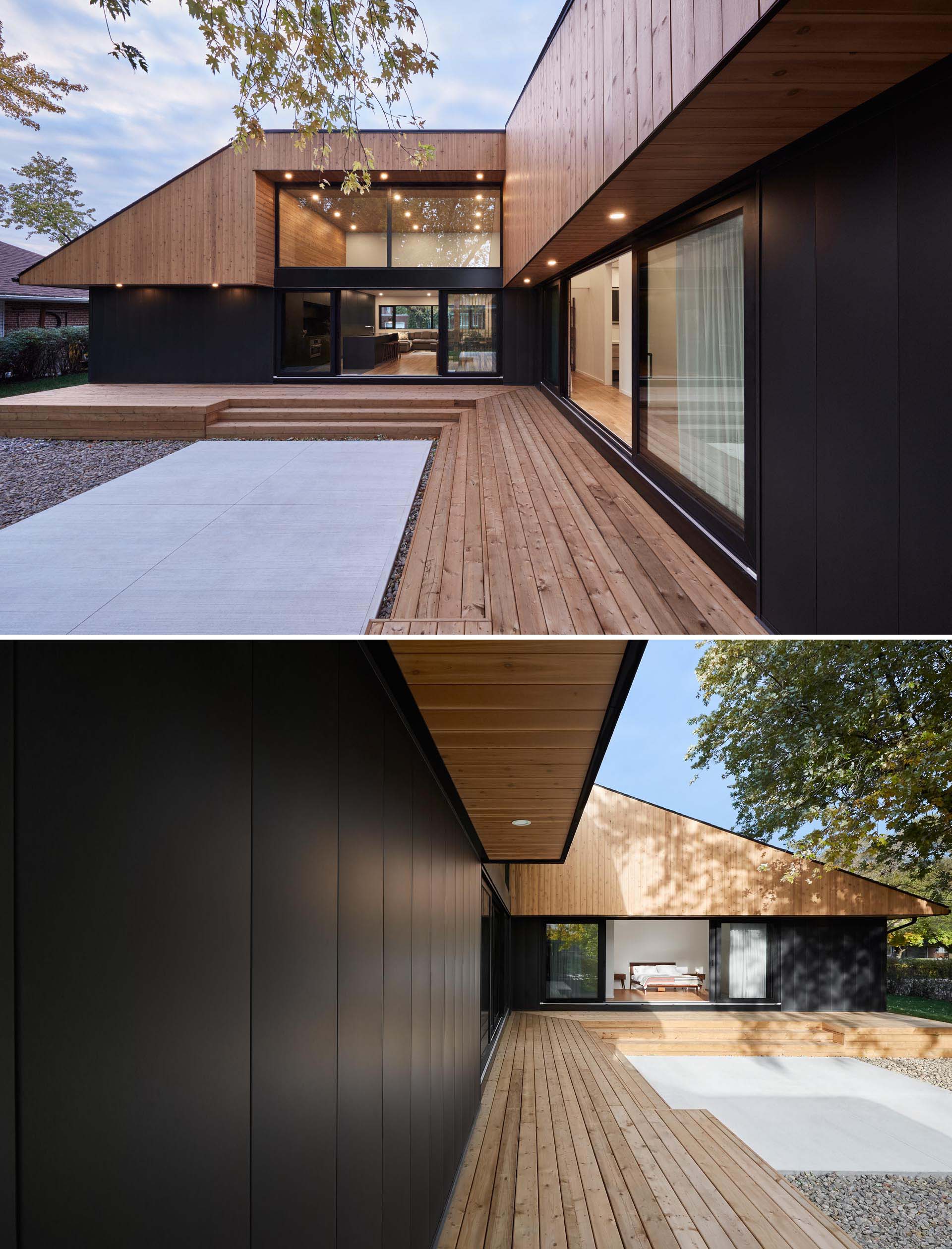 A modern home with high ceilings, wood outdoor steps, and a black framed sliding lass door.