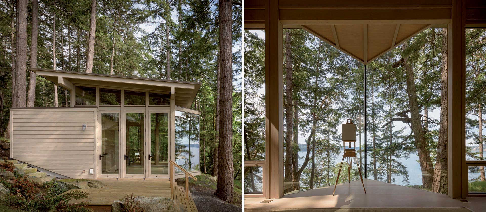 A small wood cabin that acts as a painting studio or guest house.