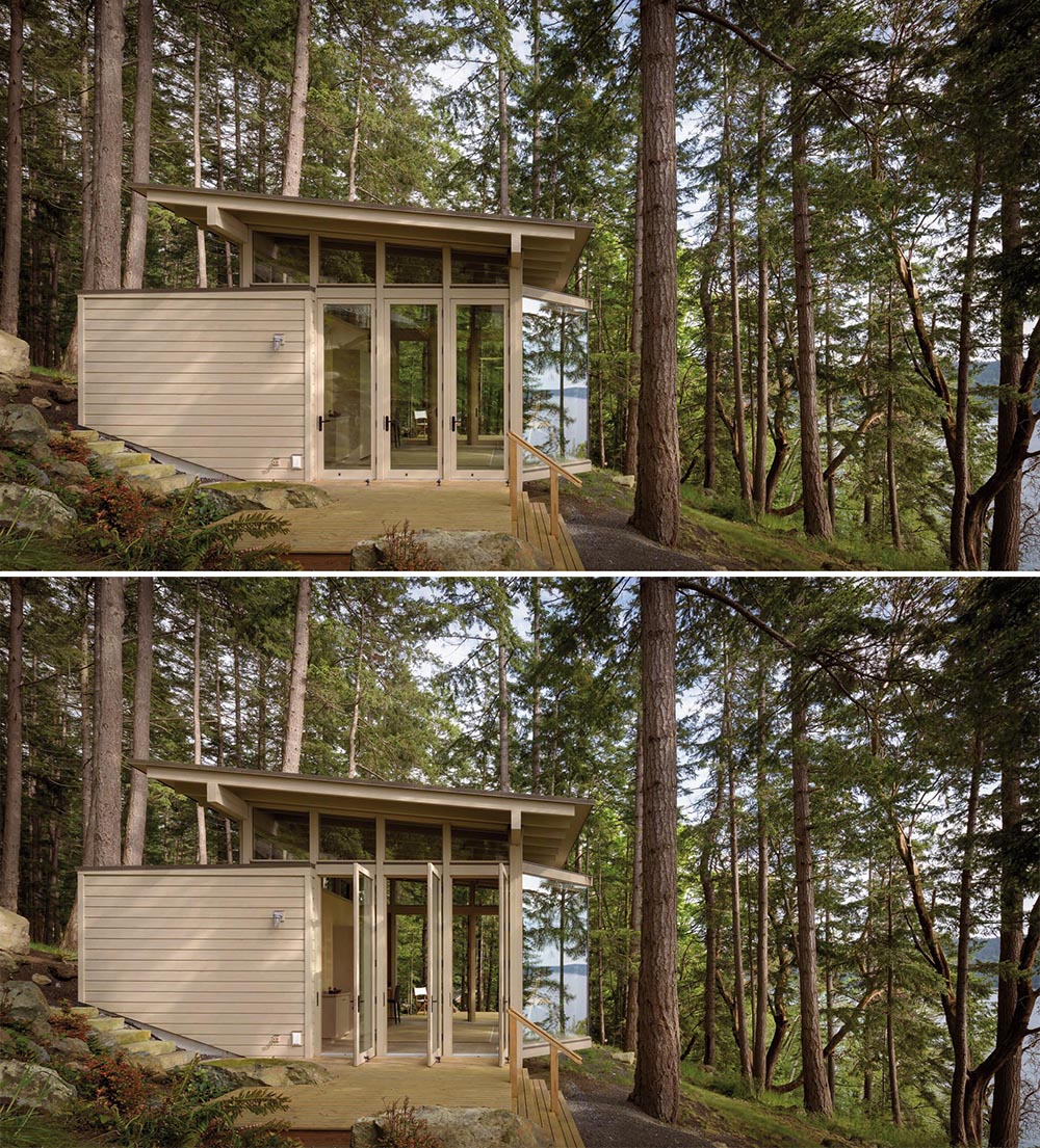 A small wood cabin that's designed as an artist cabin or guest house.