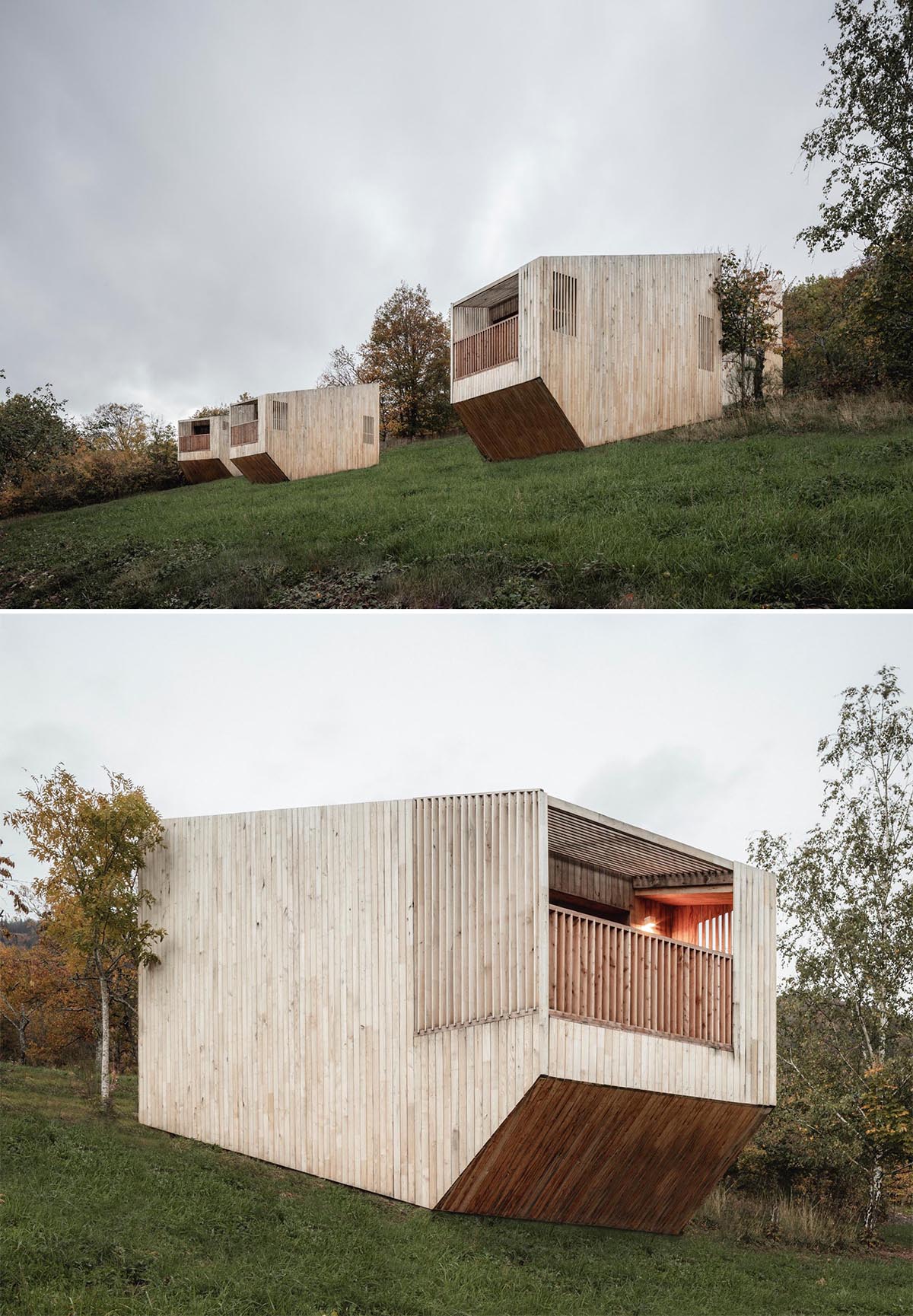 Small wood cabins designed as hotel rooms.