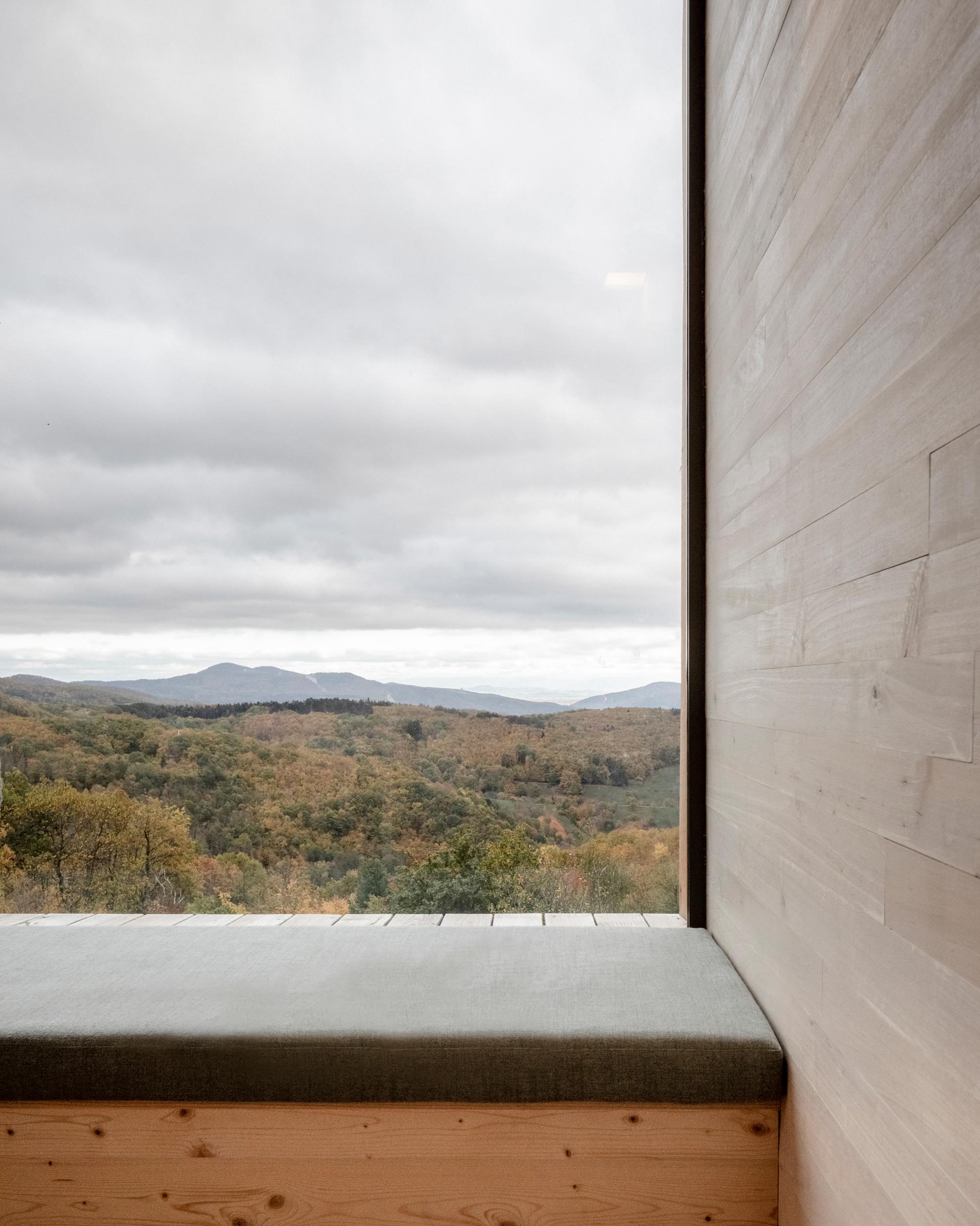 A modern cabin interior with light wood and a built-in window bench.