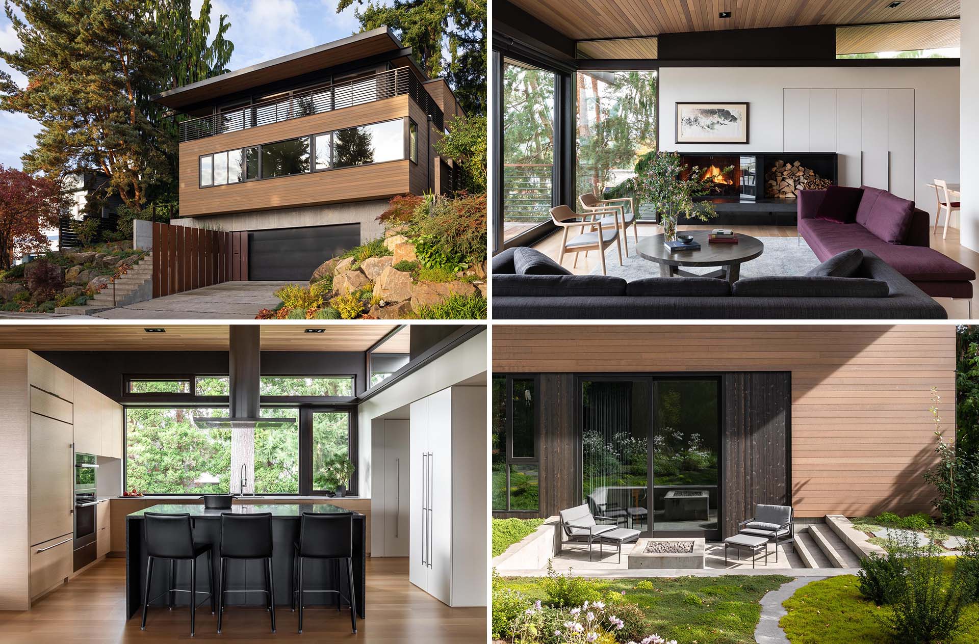 A modern house with wood siding and an open plan interior.