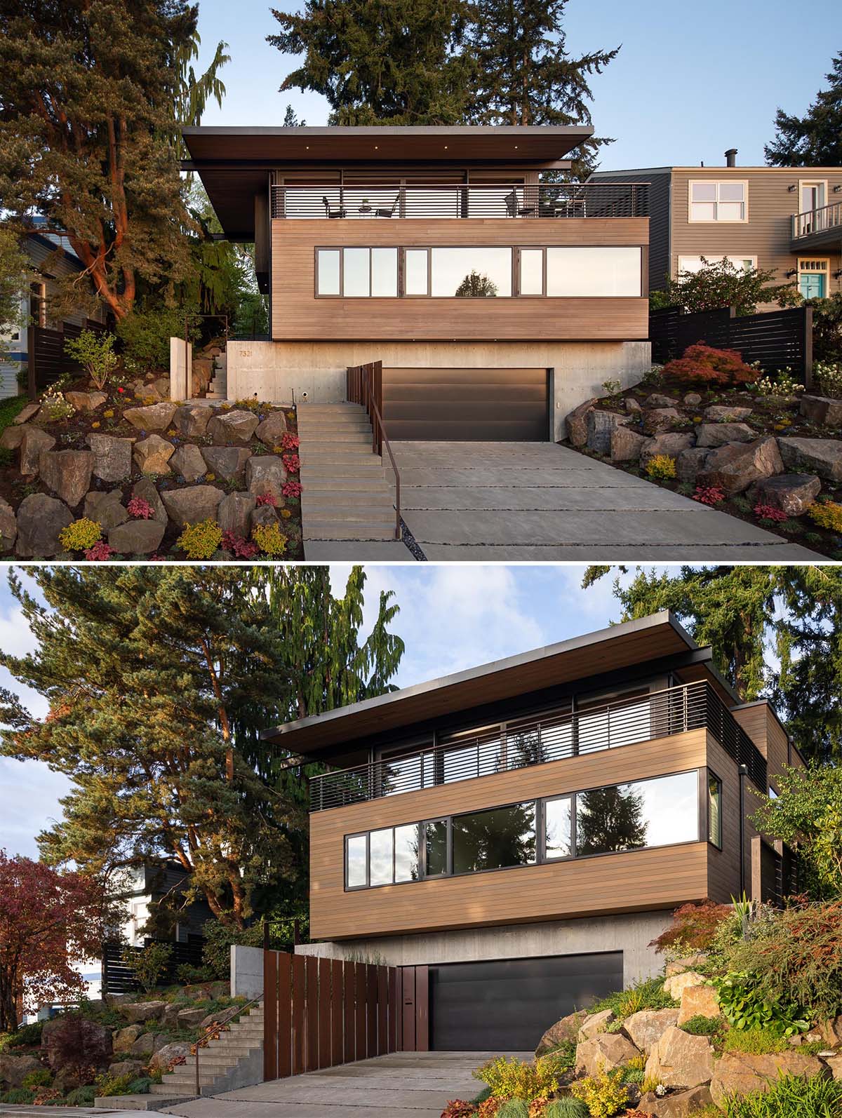 The facade of this modern house features a concrete, a black garage door, steel accents, wood siding, and steps that lead to the front door.