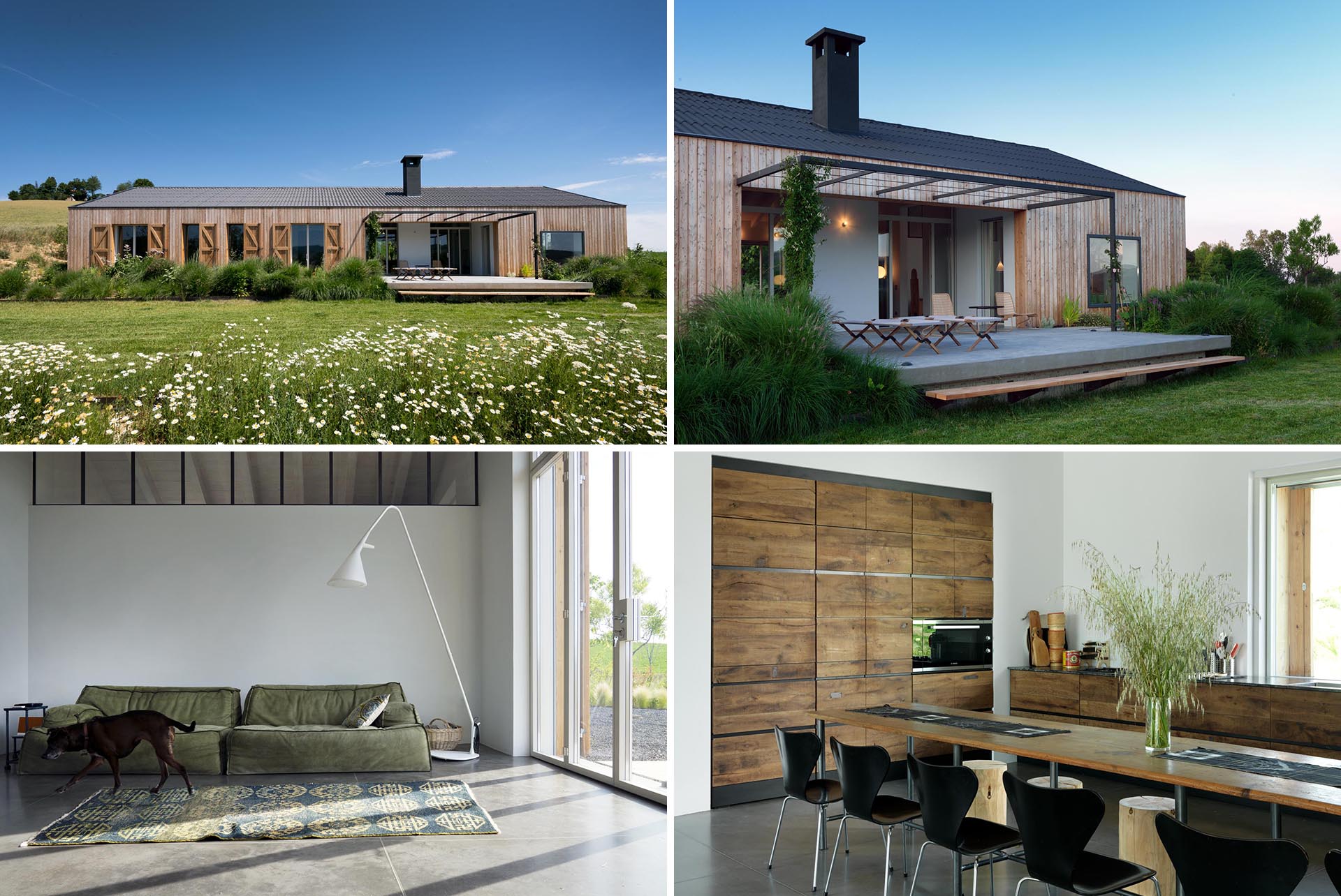 The exterior of this single-level modern farmhouse is clad with natural larch wood and shutters, and has a bright white interior.