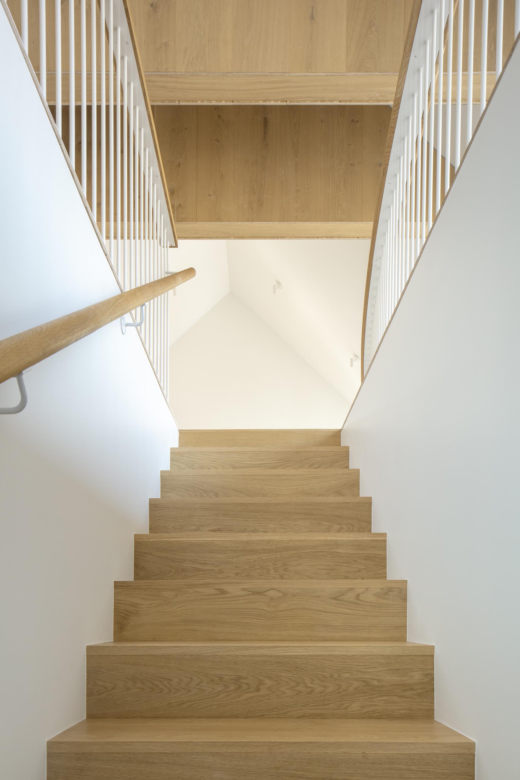 Wood stairs with a matching handrail lead up to the social areas of this modern home.