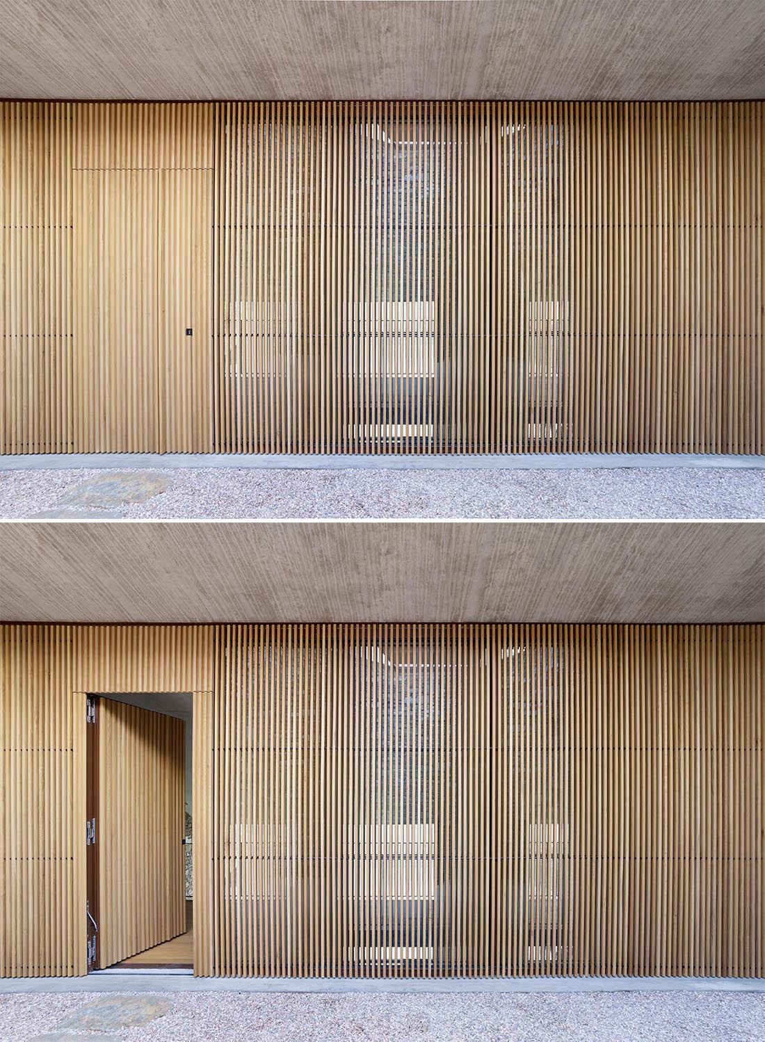 A modern home with a wood wall that includes an integrated door.