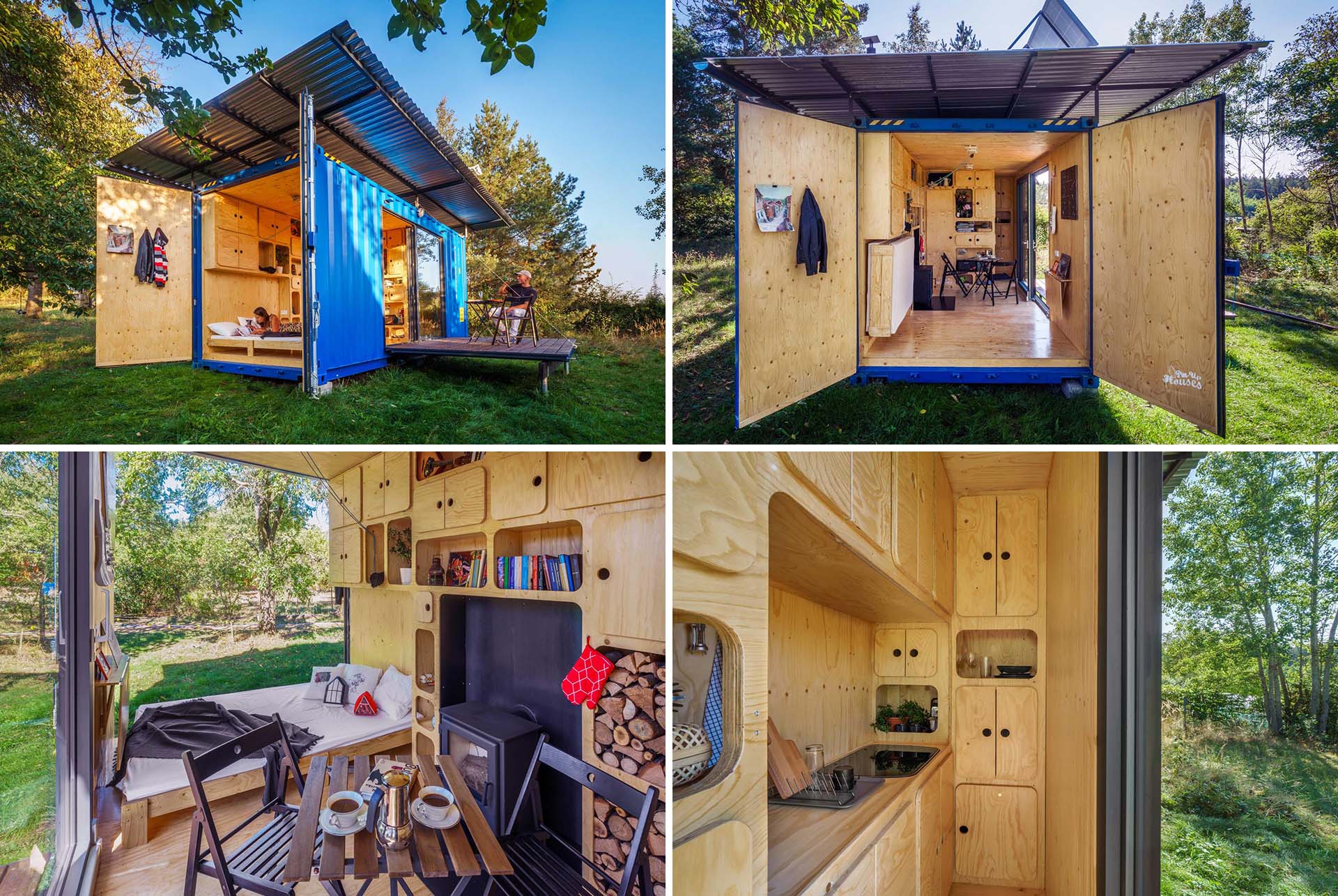 An off-grid tiny home made from a small shipping container.