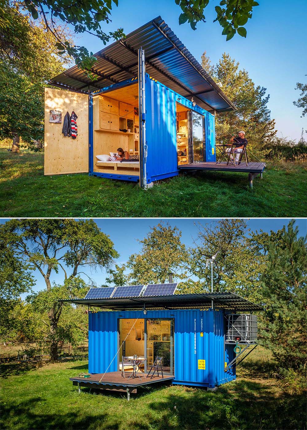 An off-grid tiny home made from a small shipping container that includes a fold out bed, solar panels, a small kitchen, and bathroom.