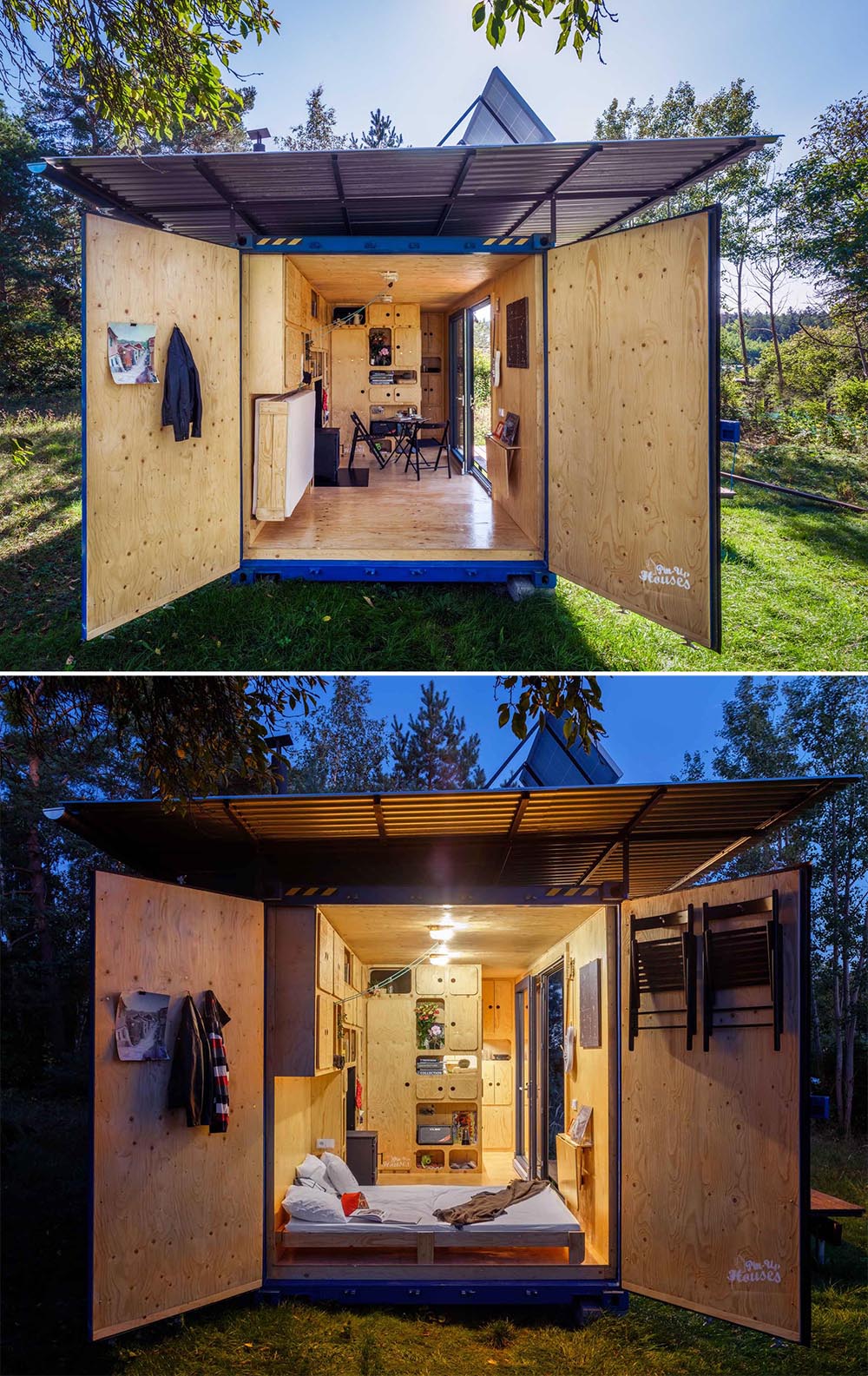 A tiny house made from a small shipping container, that's also completely off-grid and has a plywood interior.