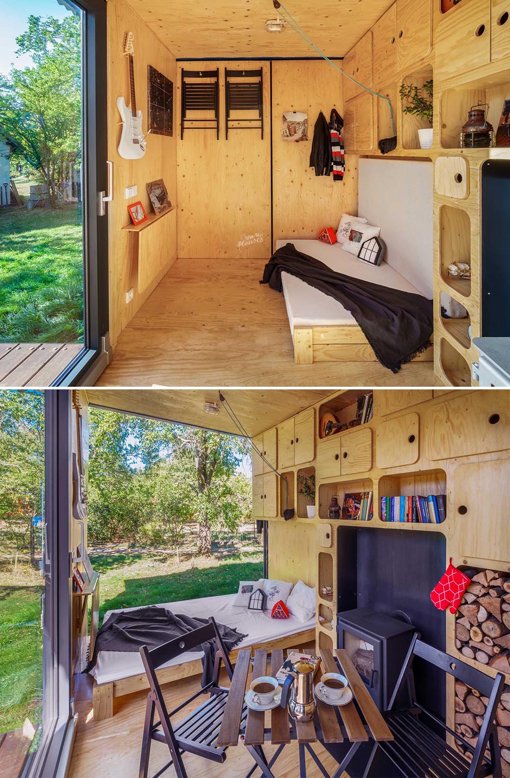 A tiny home made from a shipping container has plenty of storage cabinets and a fireplace.