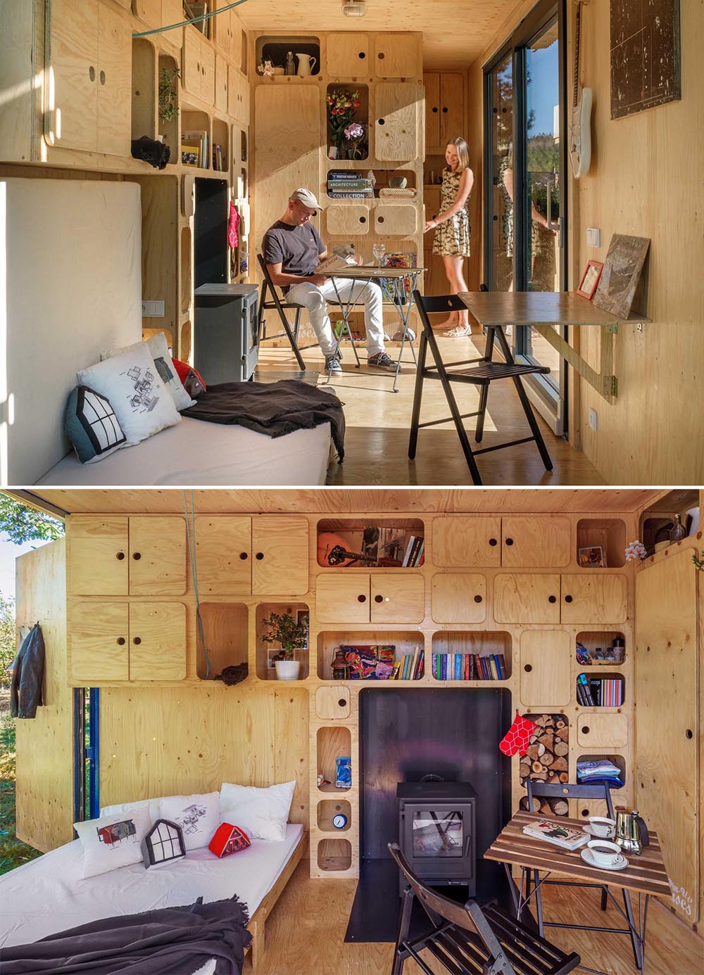 A tiny home made from a shipping container has a fold-down bed, plenty of storage cabinets, and a fireplace.