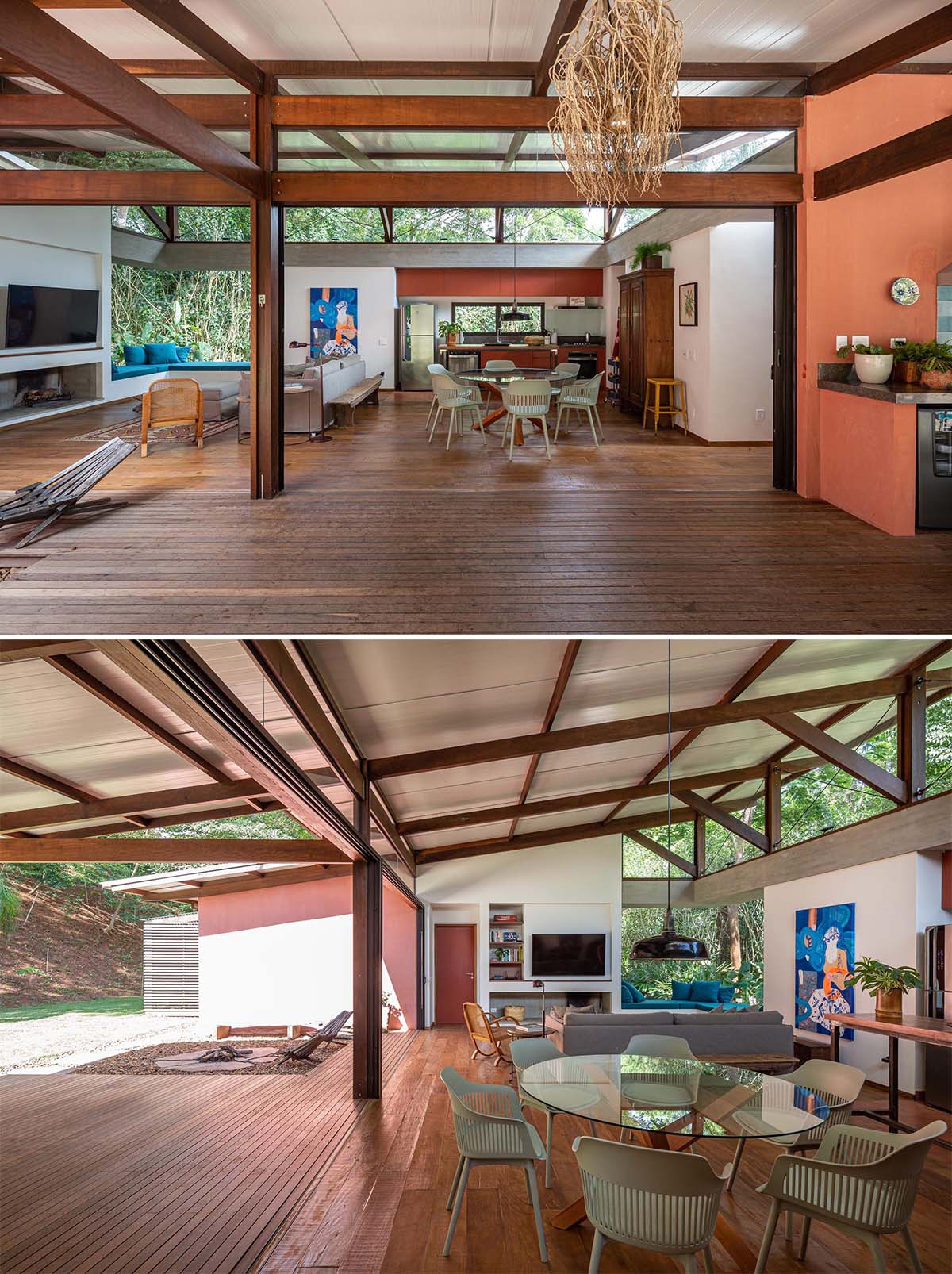 Sliding glass walls connect the interior of this modern home to the expansive outdoor spaces.