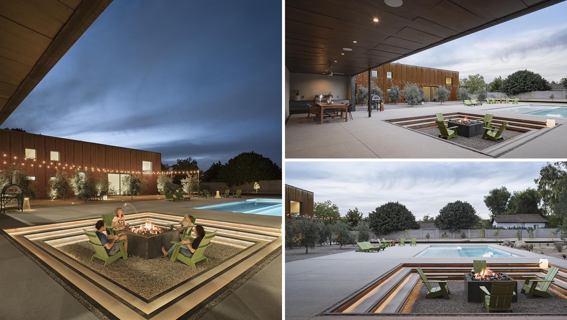 A modern desert home with a sunken fire pit that lines up with the nearby pool.