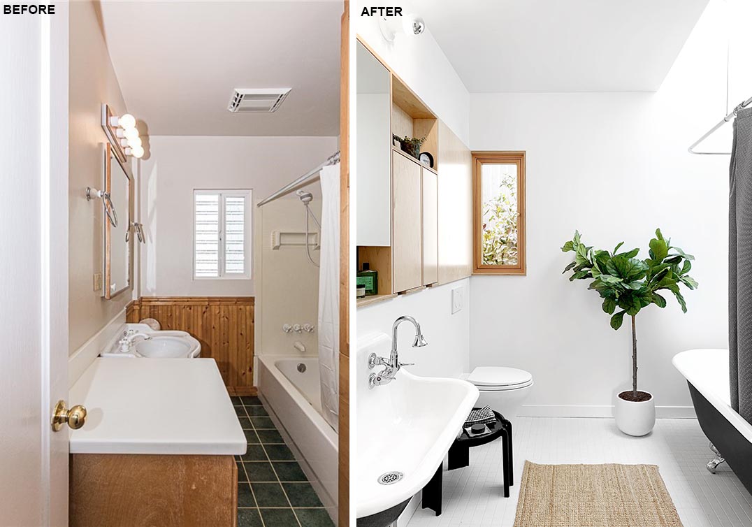 A remodeled bathroom with a new built-in storage unit, clawfoot tub, and vanity.