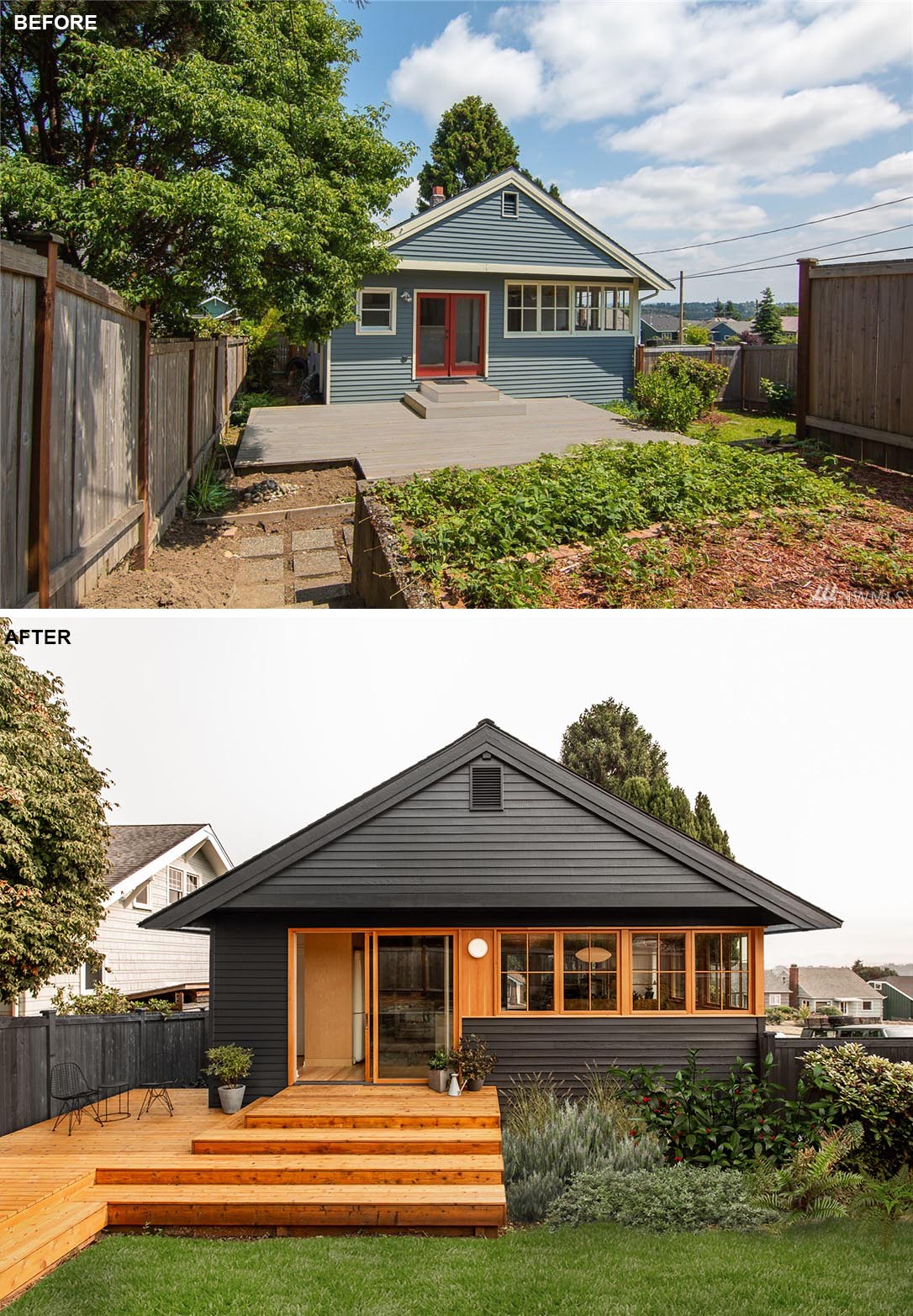 At the rear of this remodeled home, a large sliding door was installed to connect the kitchen to a new deck that frames an outdoor table area and a space to enjoy the afternoon sun or have a BBQ.