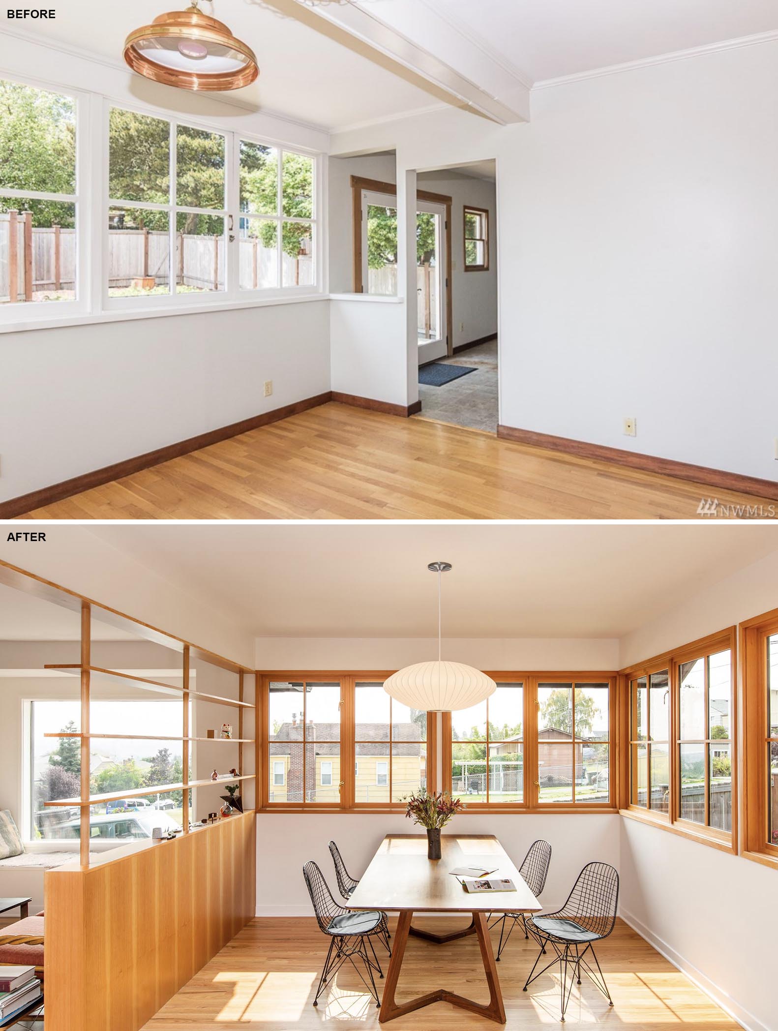 A dining room renovation that included removing the white window frames and replacing them with wood ones.