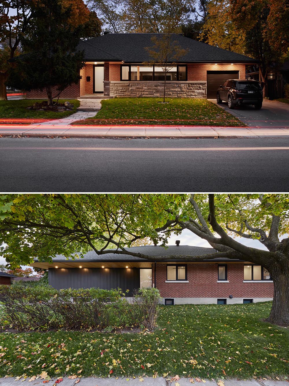 This remodeled bungalow, located on a corner lot and surrounded by mature trees, has a brick and stone facade with black accents.