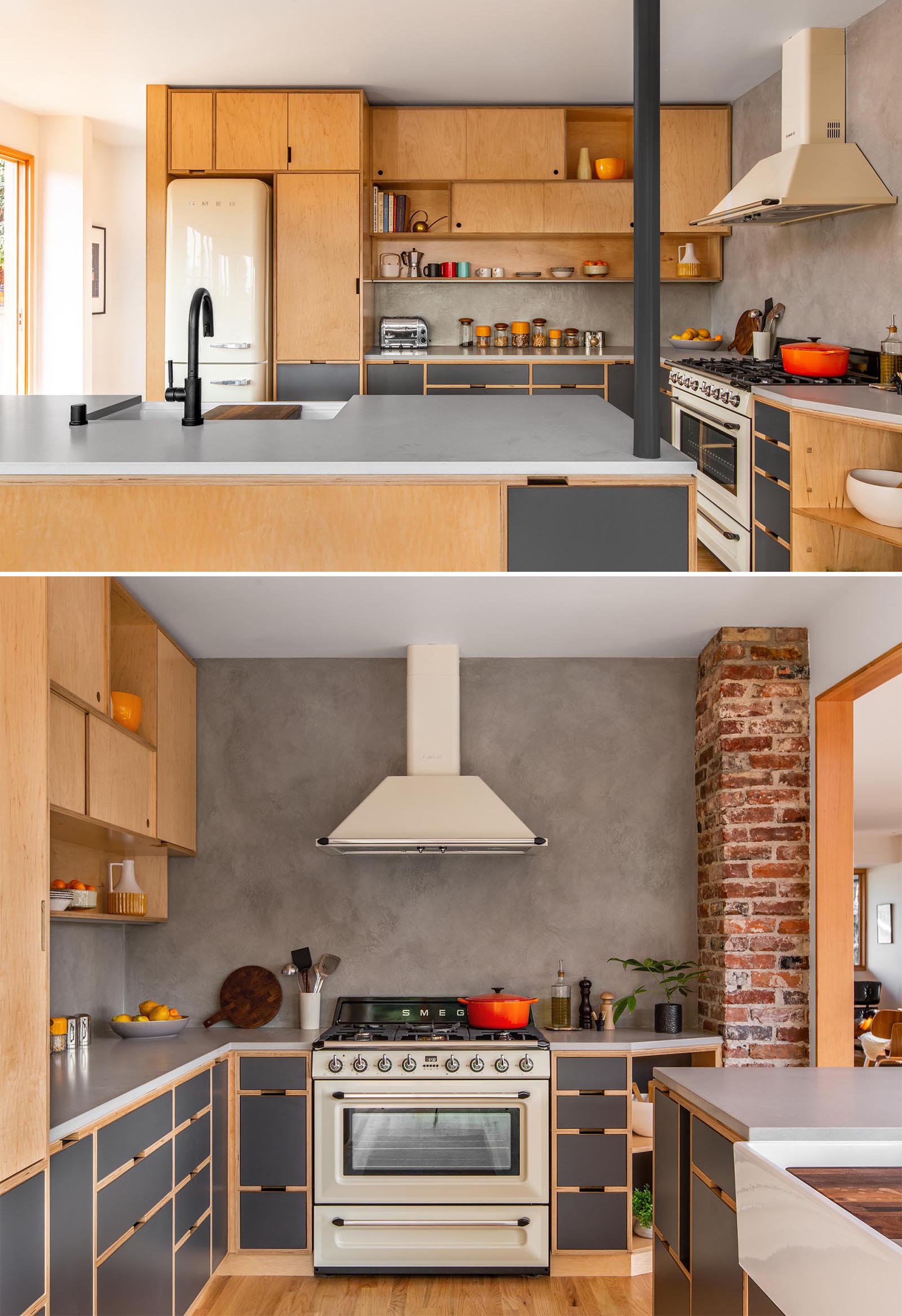 A custom-designed kitchen with wood cabinets that have been crafted to make the most of the back wall.