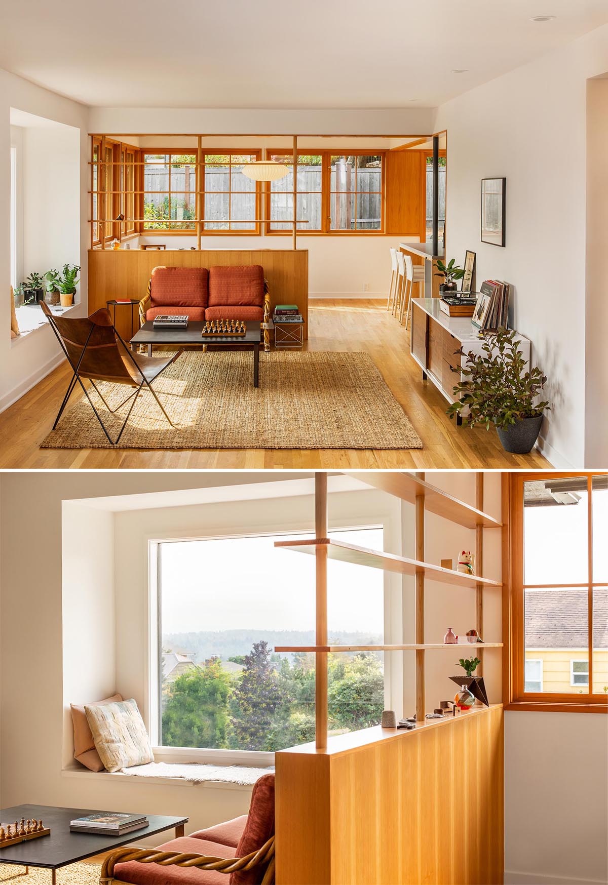 A remodeled bungalow with a new wood partition wall separating the living room from the dining room.