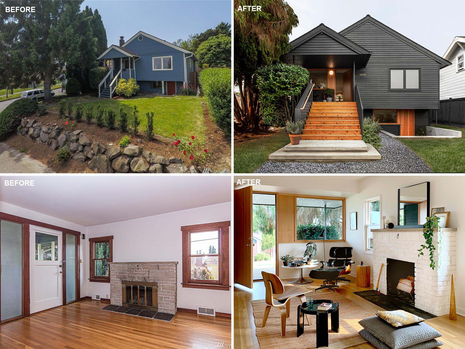 A remodeled 1920s bungalow that received a striking black exterior and bright interior.