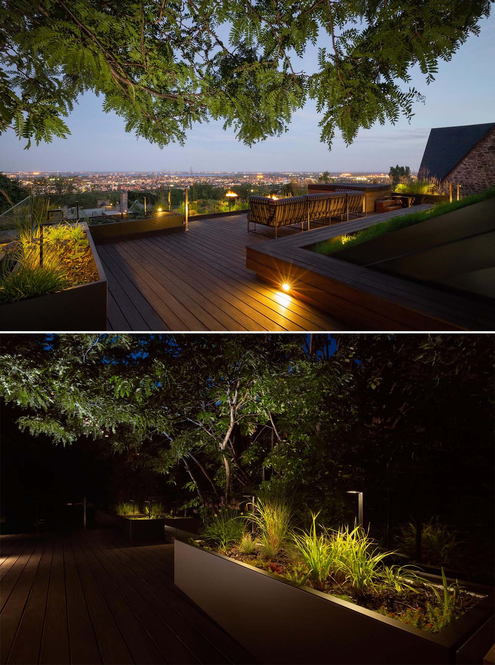 A modern rooftop terrace with outdoor lighting.