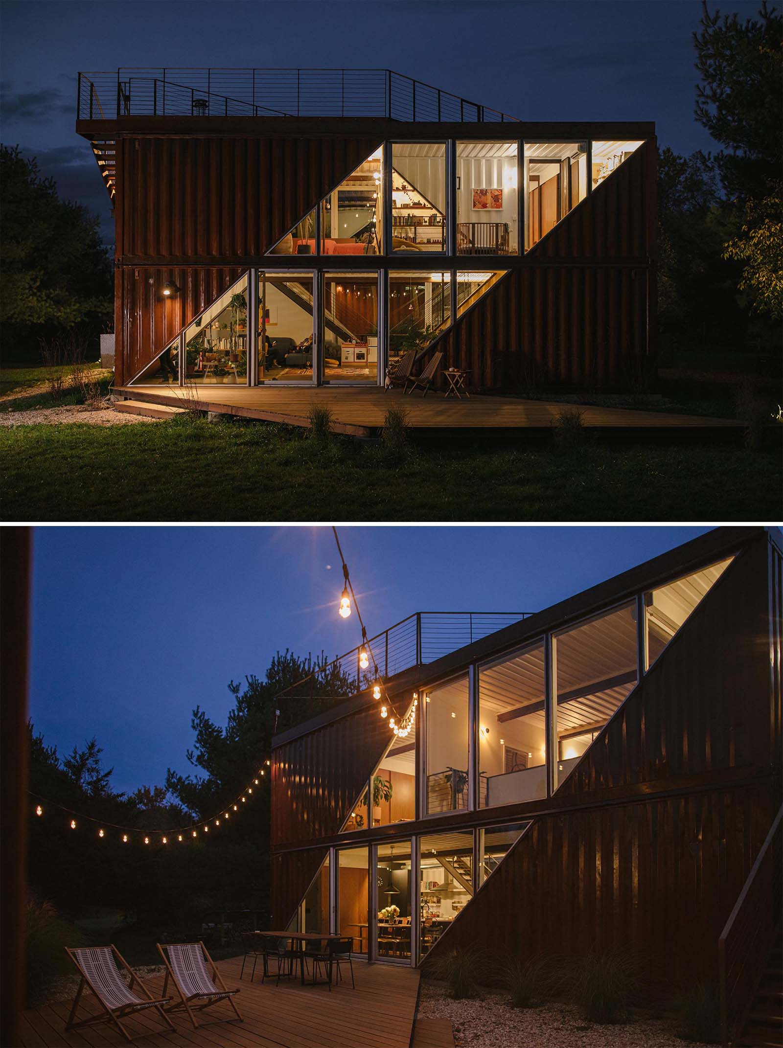 A modern shipping container home with two levels and a rooftop deck.