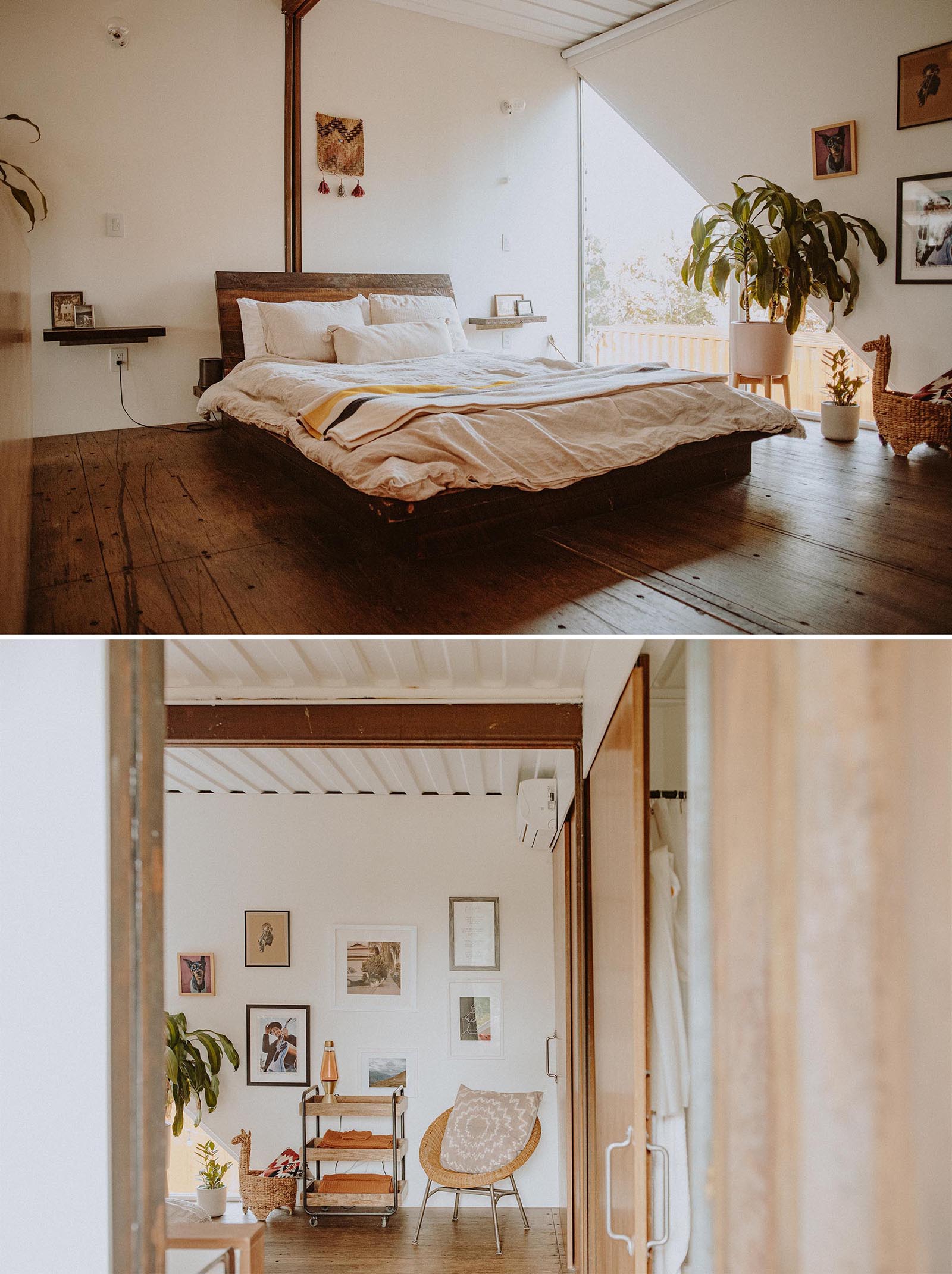 The master bedroom inside a modern shipping container home.