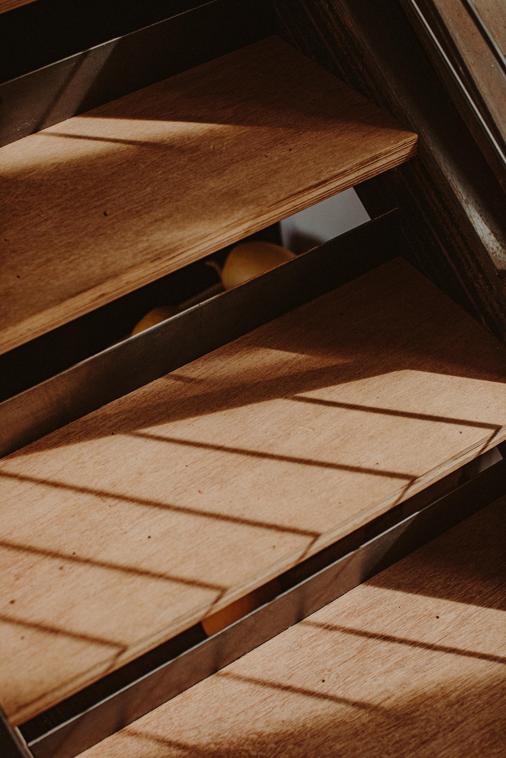 Steel and wood stairs.